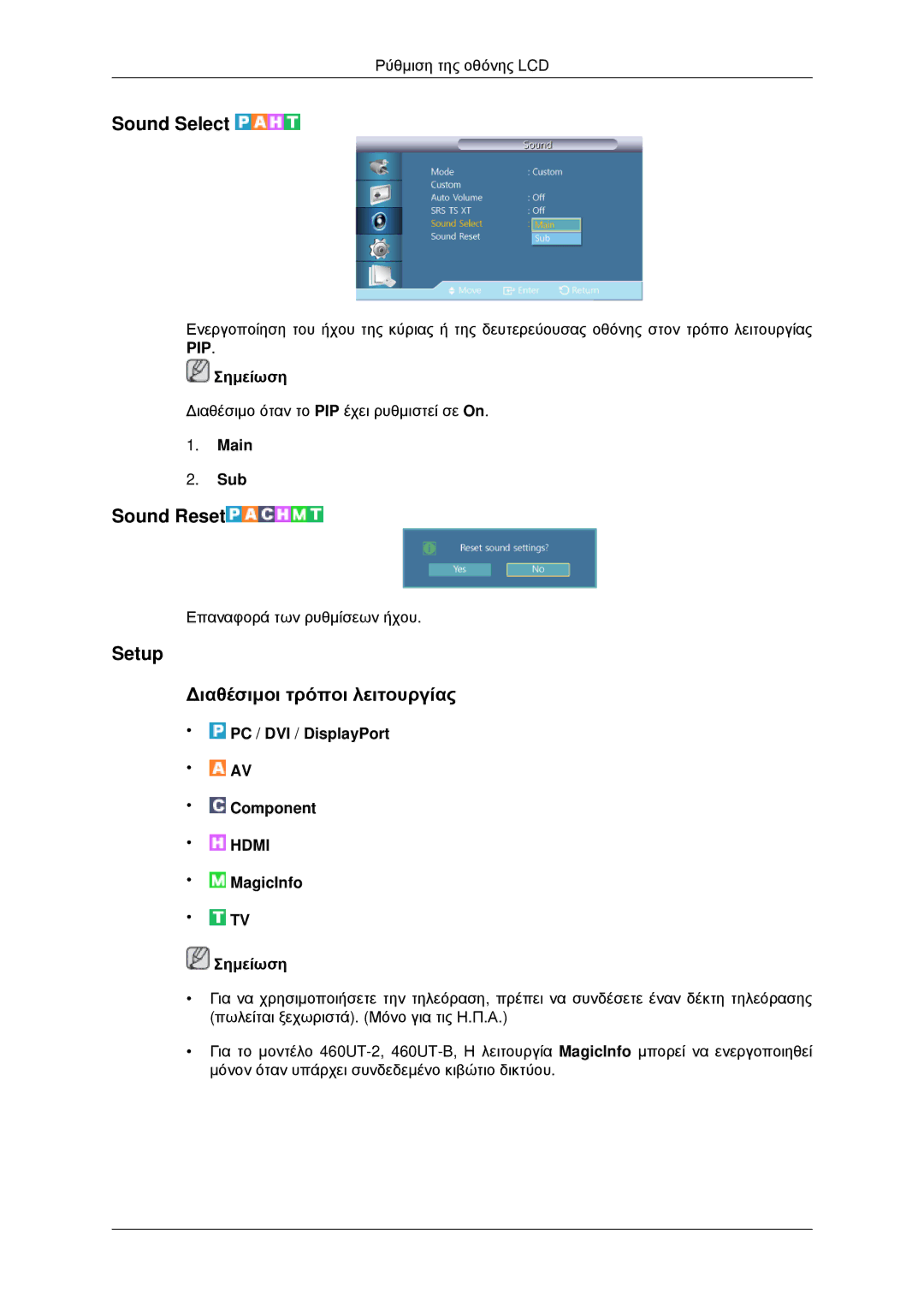 Samsung LH46CKQLBB/EN, LH46CBQLBB/EN manual Sound Select, Sound Reset, Setup Διαθέσιμοι τρόποι λειτουργίας, Main Sub 