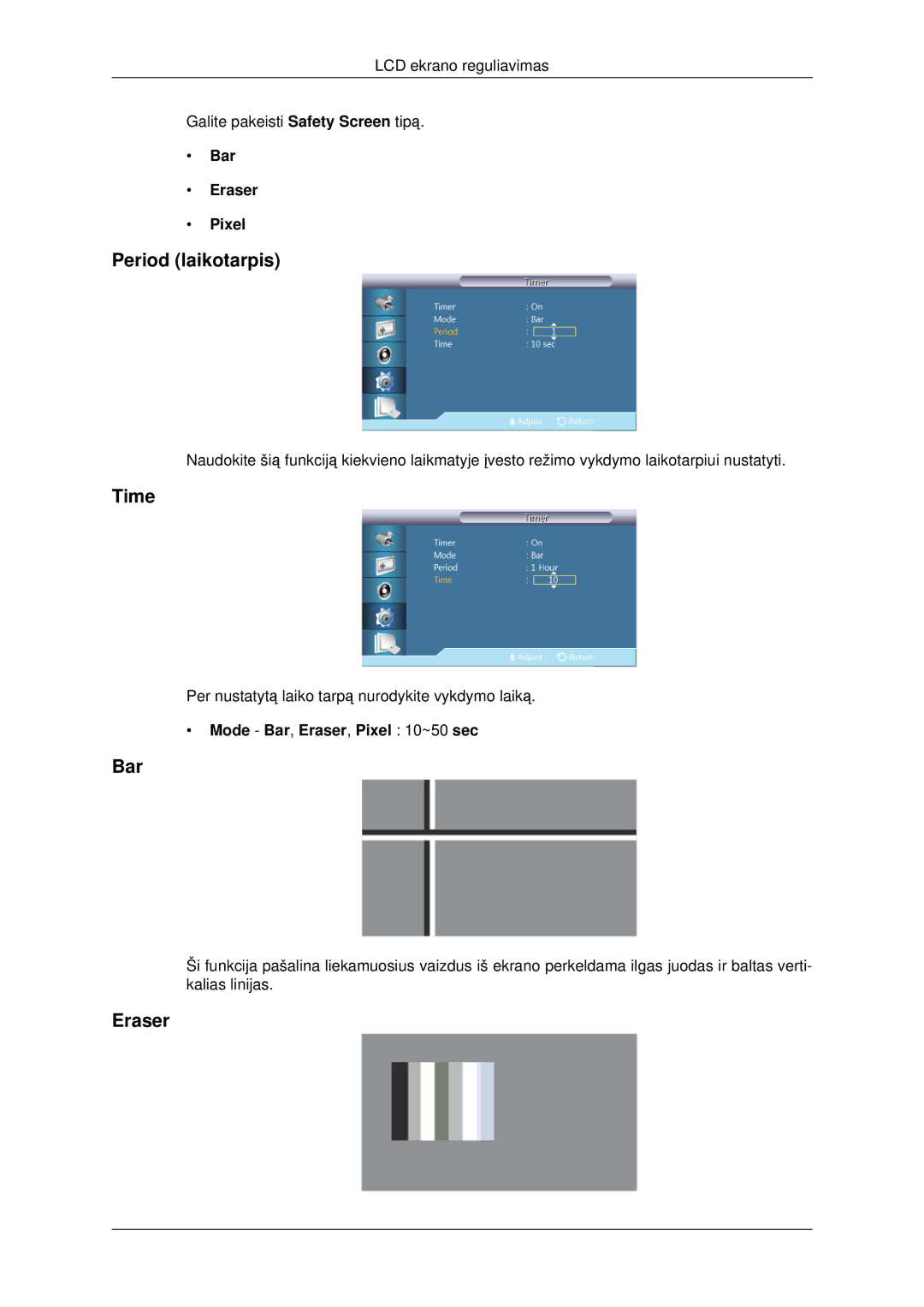 Samsung LH46CKTLBB/EN, LH46CBQLBB/EN manual Period laikotarpis, Bar Eraser Pixel, Mode Bar, Eraser, Pixel 10~50 sec 