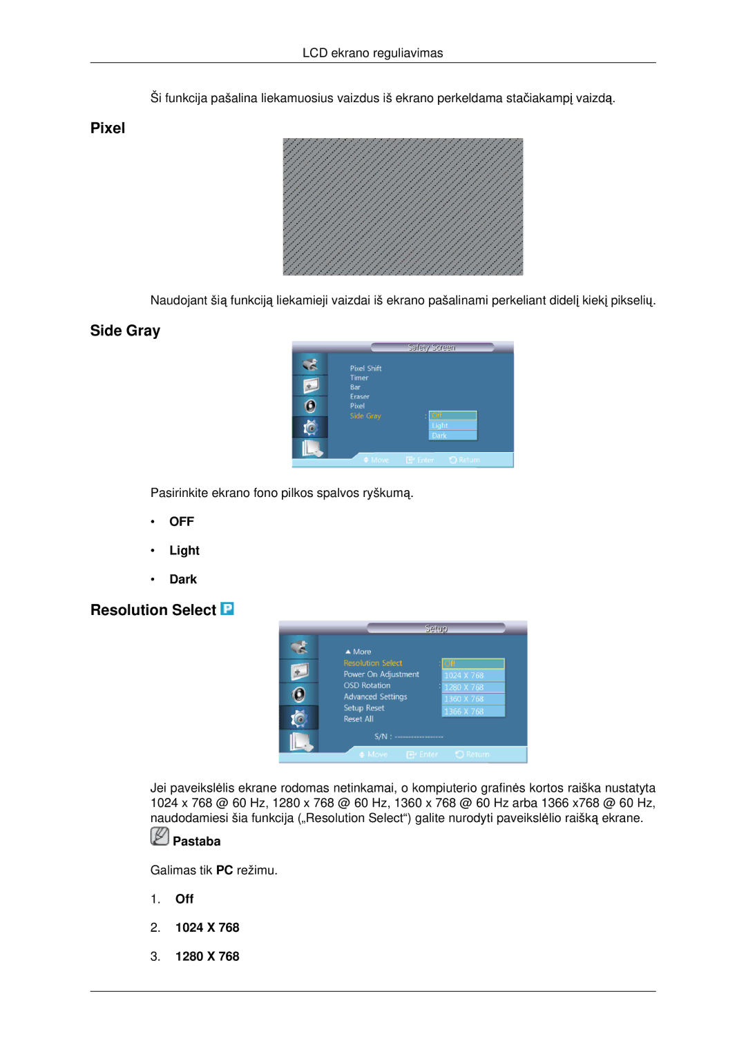 Samsung LH46CBQLBB/EN, LH46CKTLBB/EN manual Pixel, Side Gray, Resolution Select, Light Dark, Off 1024 X 1280 X 