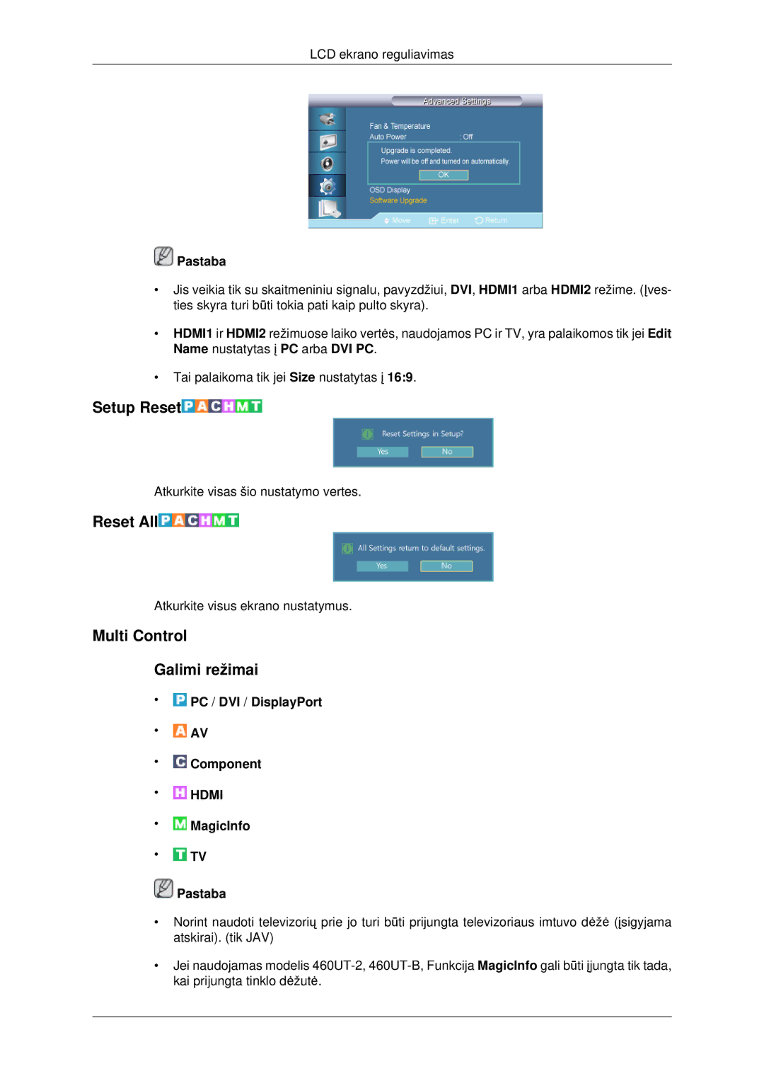 Samsung LH46CKTLBB/EN, LH46CBQLBB/EN manual Setup Reset, Reset All, Multi Control Galimi režimai 