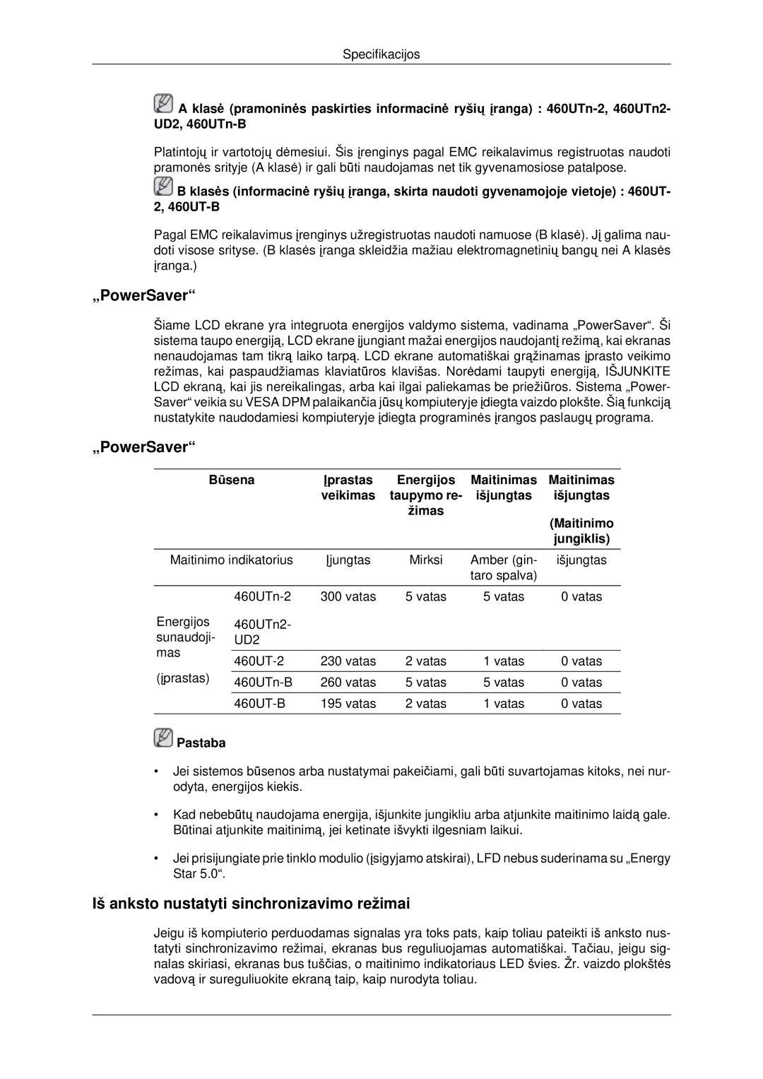 Samsung LH46CBQLBB/EN, LH46CKTLBB/EN manual „PowerSaver, Iš anksto nustatyti sinchronizavimo režimai, Jungiklis 