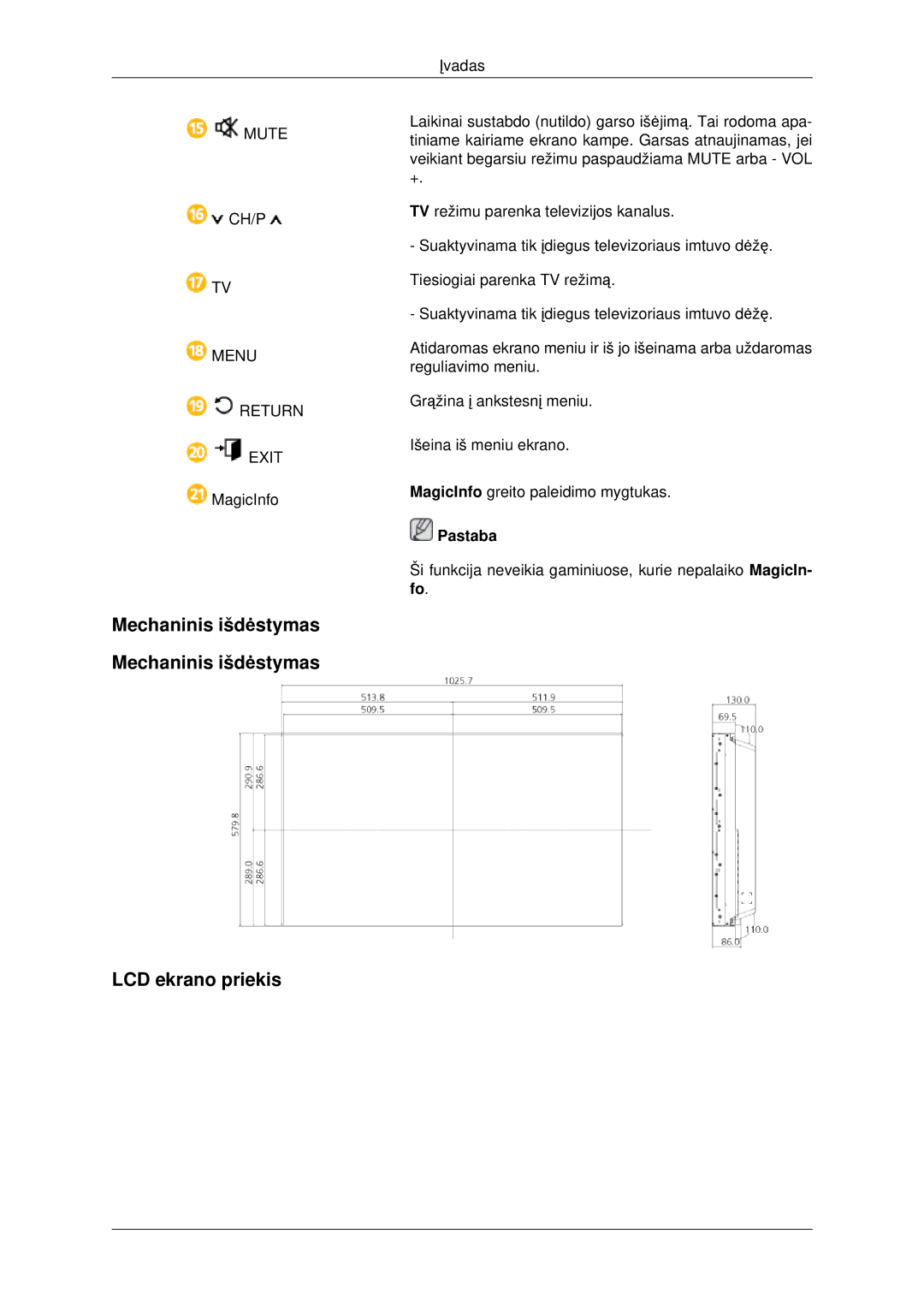 Samsung LH46CBQLBB/EN, LH46CKTLBB/EN manual Mechaninis išdėstymas LCD ekrano priekis, Ch/P 