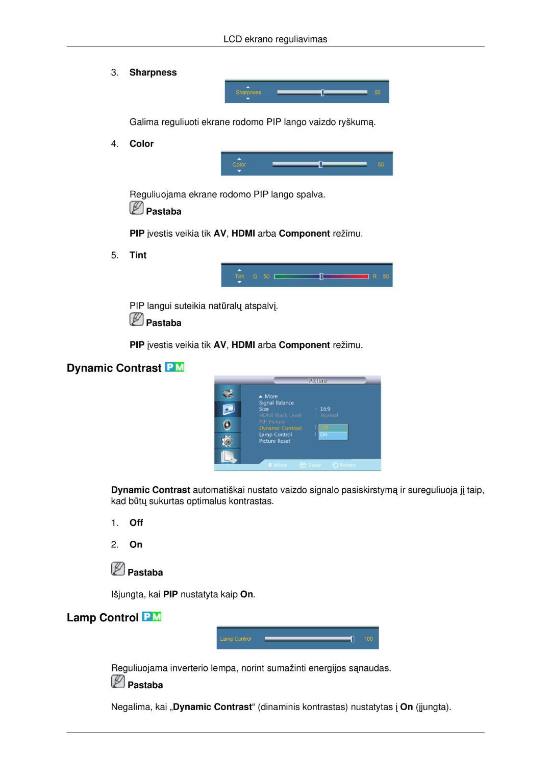 Samsung LH46CBQLBB/EN, LH46CKTLBB/EN manual Dynamic Contrast, Lamp Control, Color, Tint, Off Pastaba 