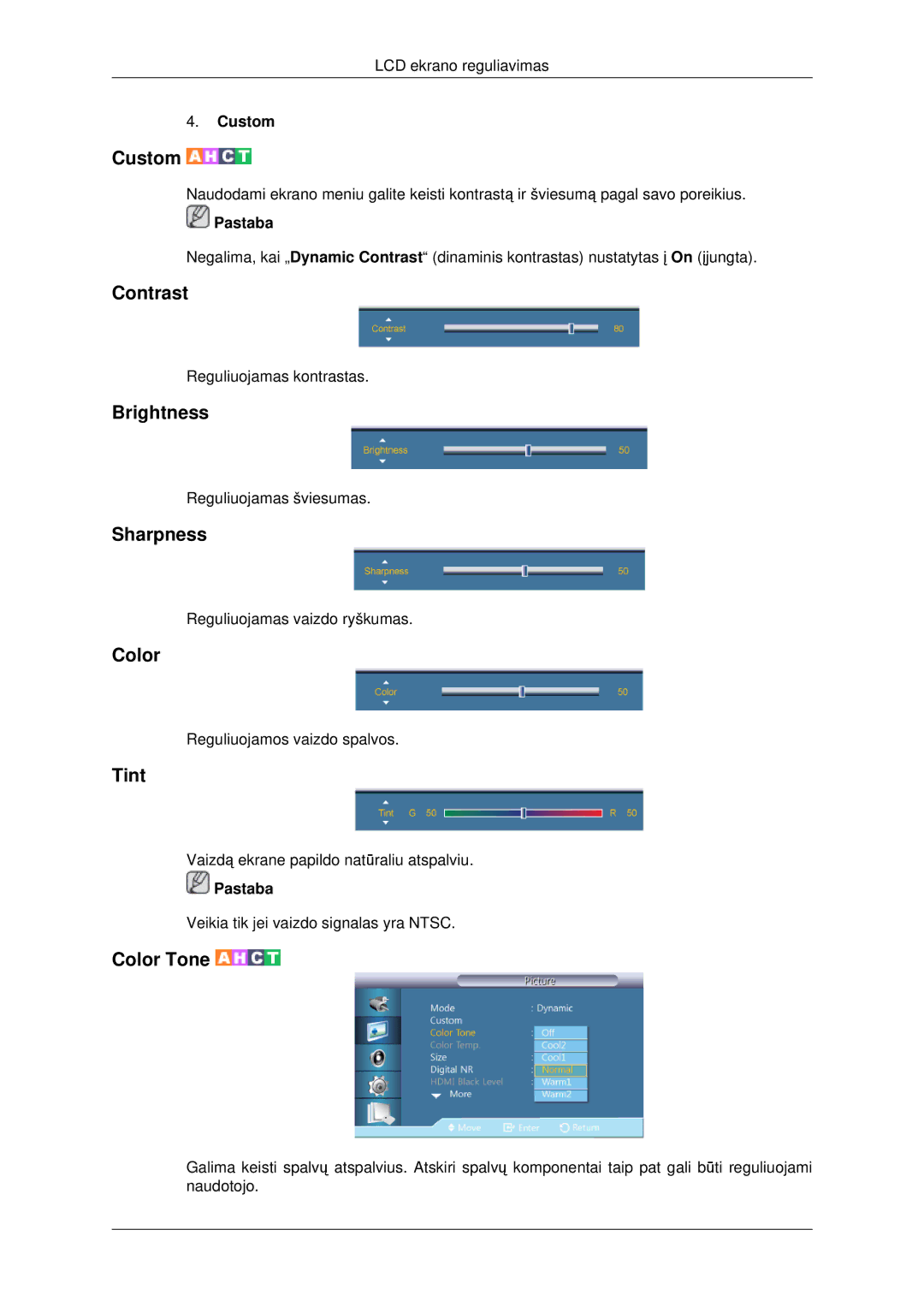 Samsung LH46CBQLBB/EN, LH46CKTLBB/EN manual Contrast, Brightness, Sharpness, Color, Tint 