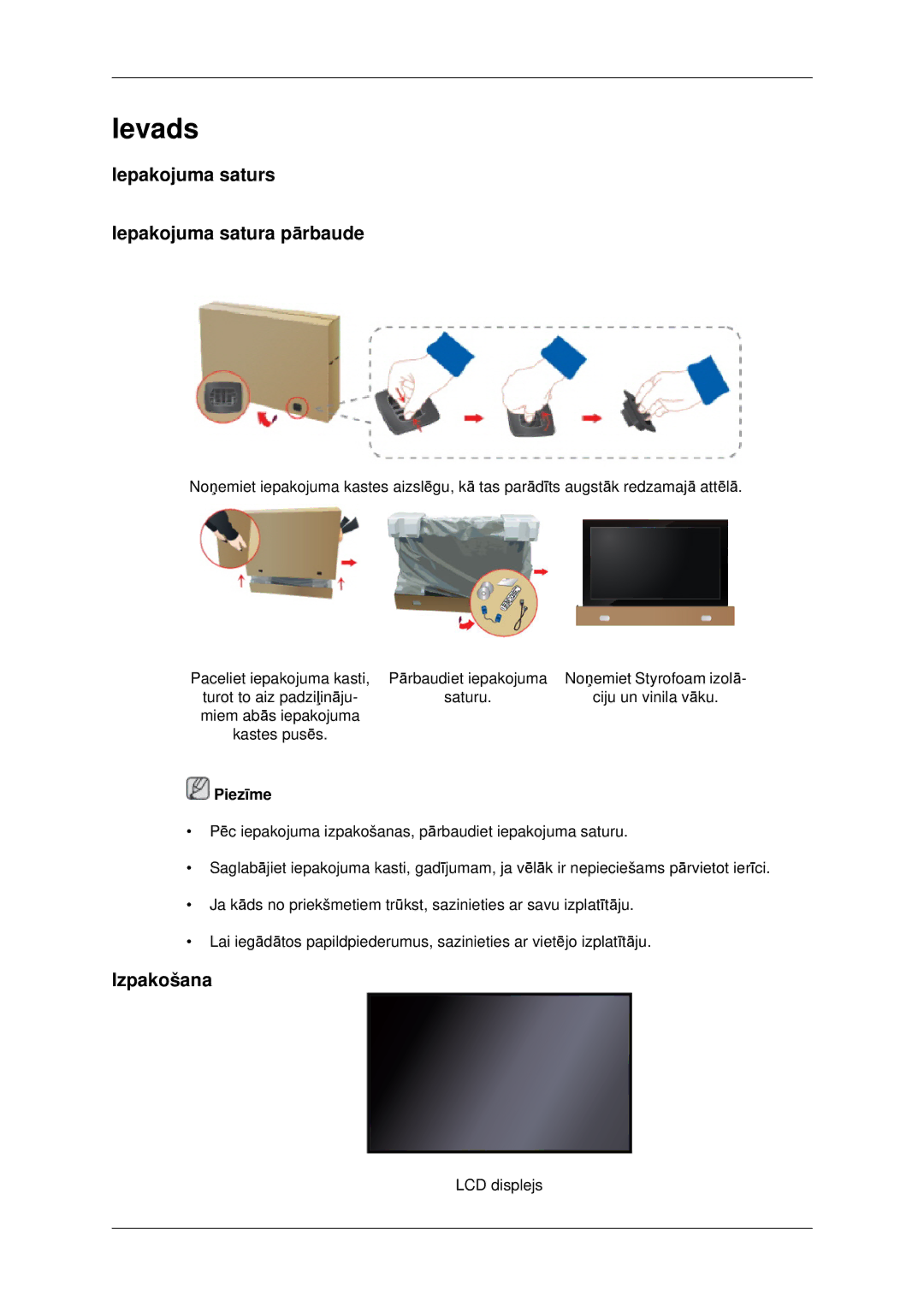 Samsung LH46CBQLBB/EN, LH46CKTLBB/EN manual Iepakojuma saturs Iepakojuma satura pārbaude, Izpakošana 