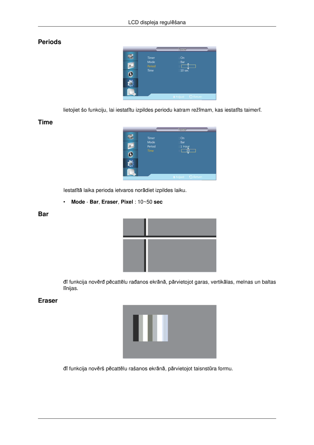 Samsung LH46CKTLBB/EN, LH46CBQLBB/EN manual Periods, Mode Bar, Eraser, Pixel 10~50 sec 