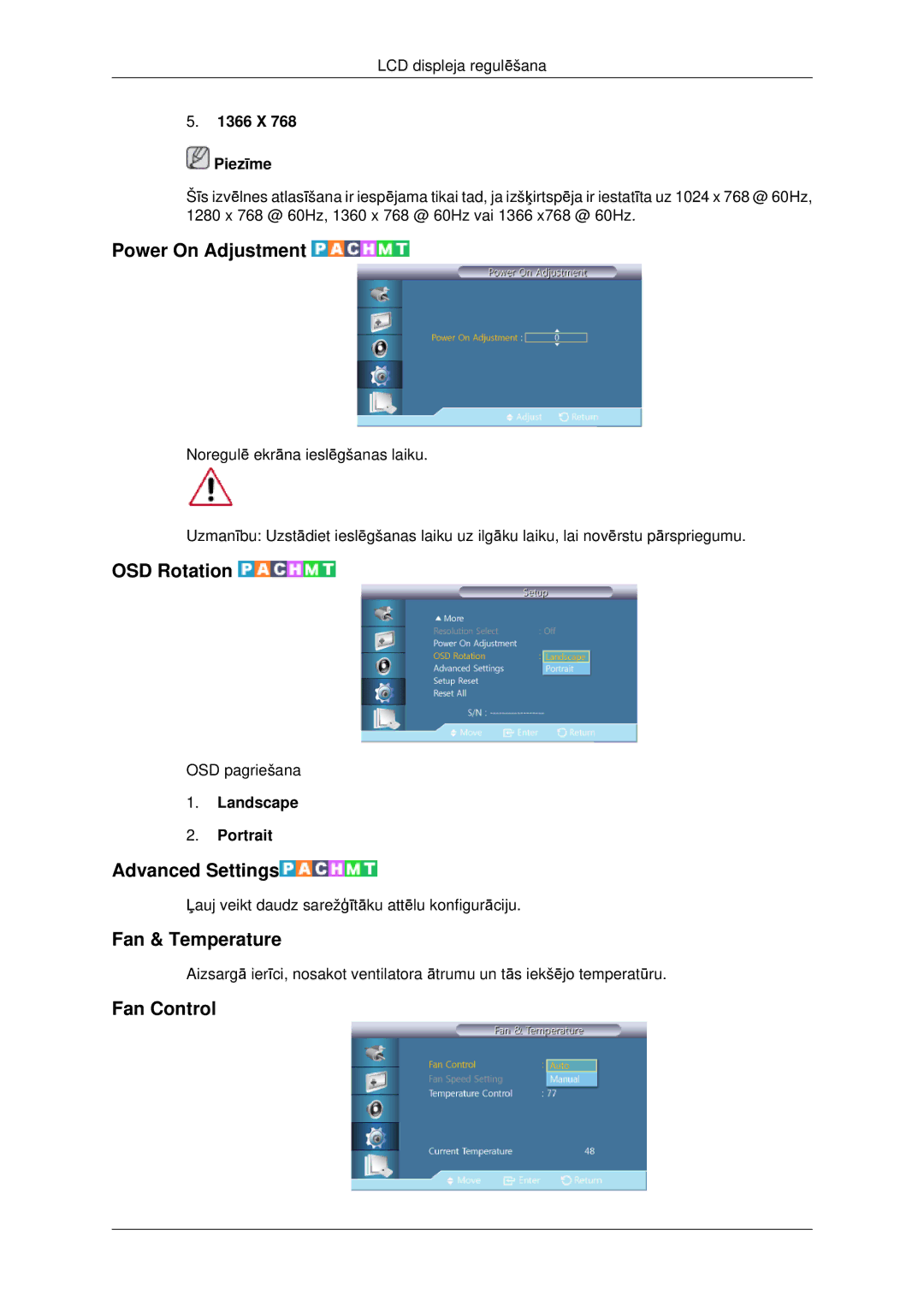 Samsung LH46CKTLBB/EN, LH46CBQLBB/EN Power On Adjustment, OSD Rotation, Advanced Settings, Fan & Temperature, Fan Control 