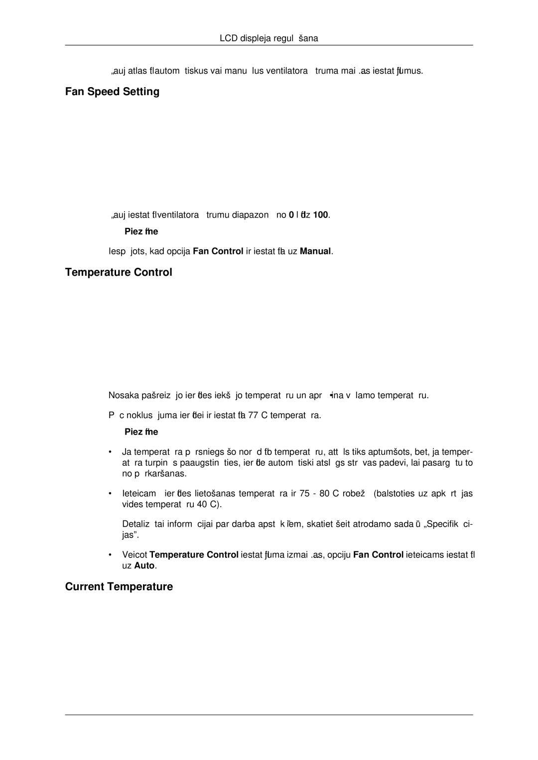 Samsung LH46CBQLBB/EN, LH46CKTLBB/EN manual Fan Speed Setting, Temperature Control, Current Temperature 