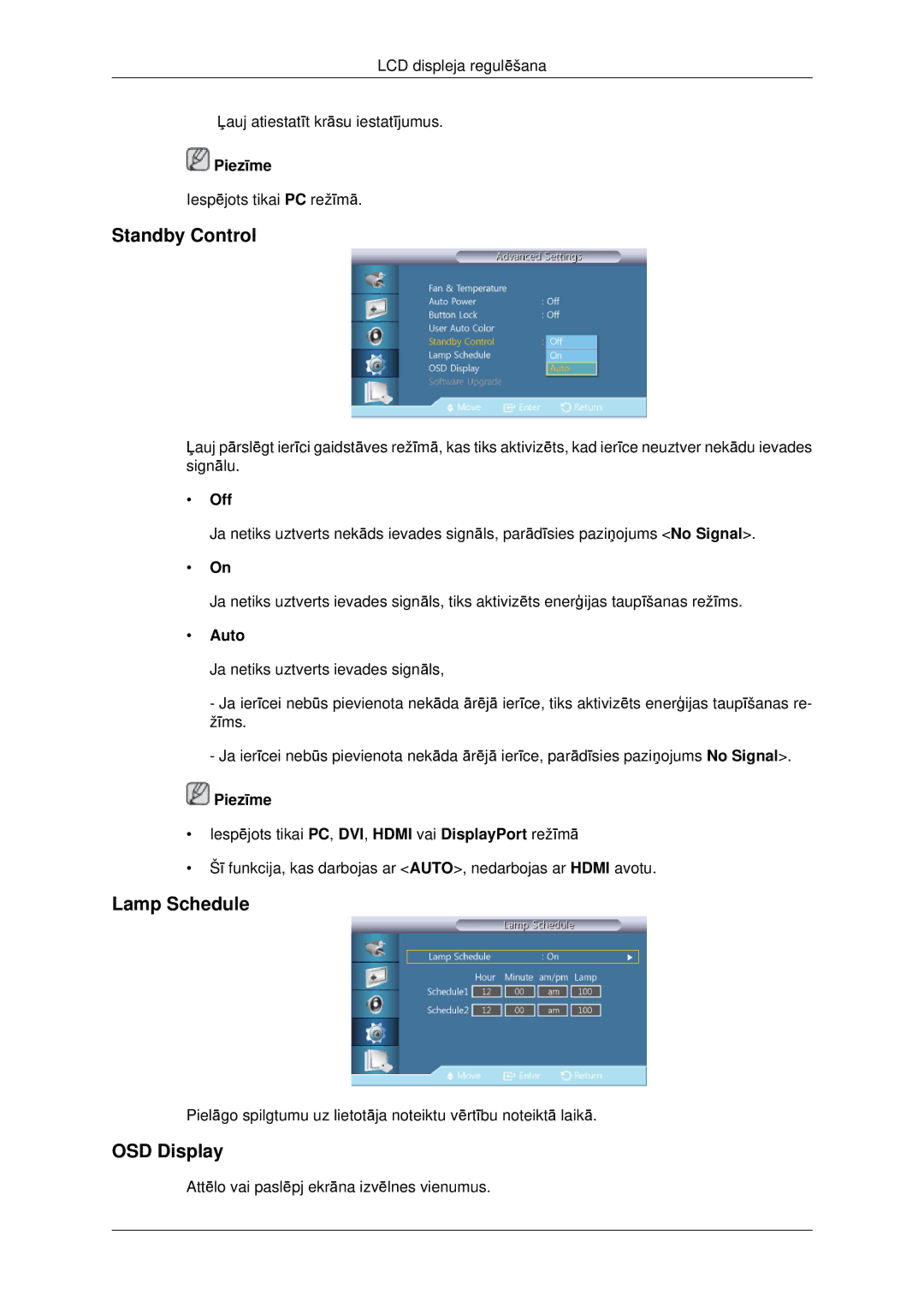 Samsung LH46CBQLBB/EN, LH46CKTLBB/EN manual Standby Control, Lamp Schedule, OSD Display, Auto 