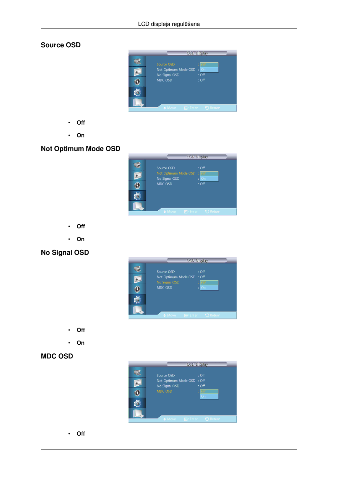 Samsung LH46CKTLBB/EN, LH46CBQLBB/EN manual Source OSD, Not Optimum Mode OSD, No Signal OSD 