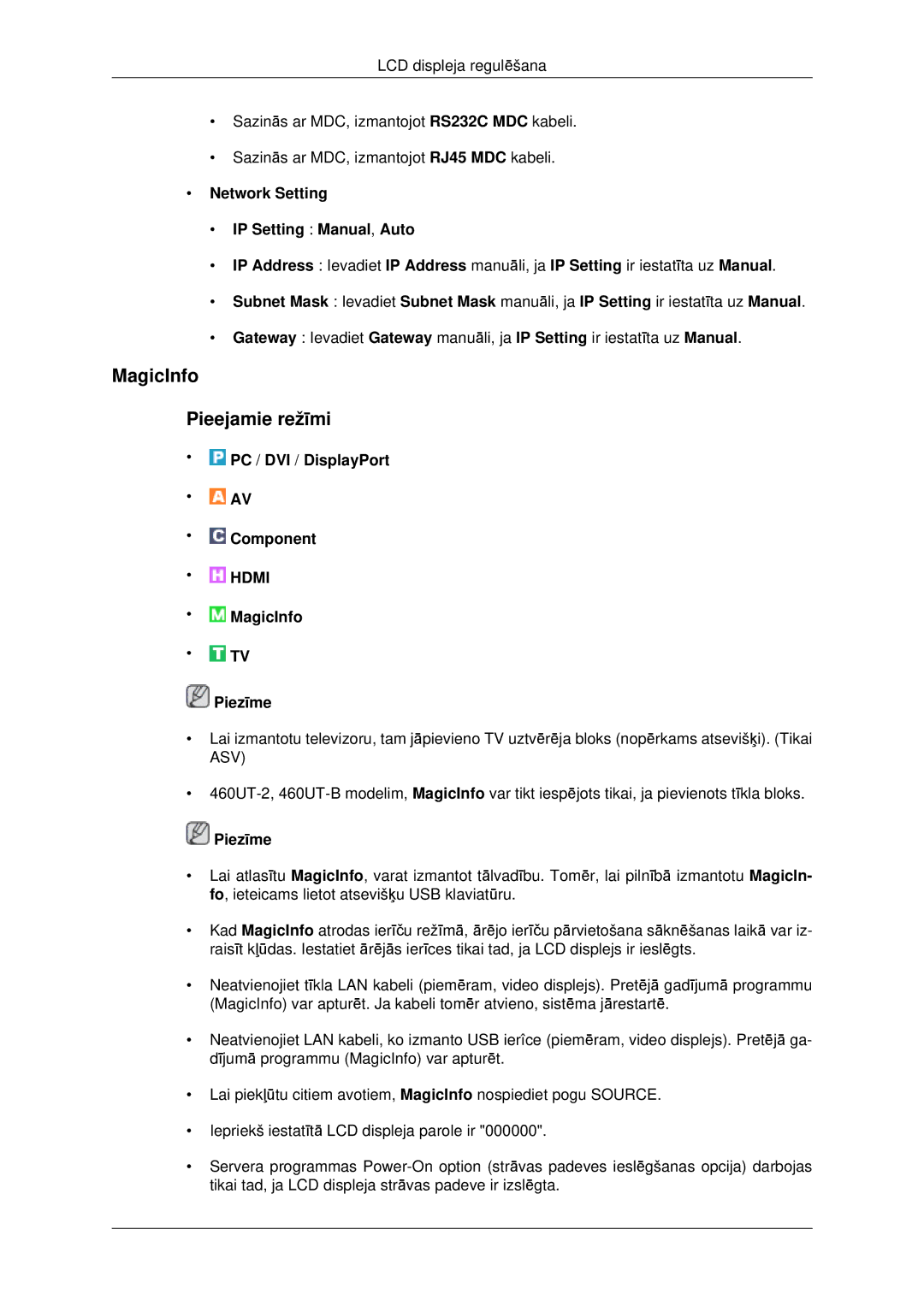 Samsung LH46CBQLBB/EN, LH46CKTLBB/EN manual MagicInfo Pieejamie režīmi, Network Setting IP Setting Manual, Auto 