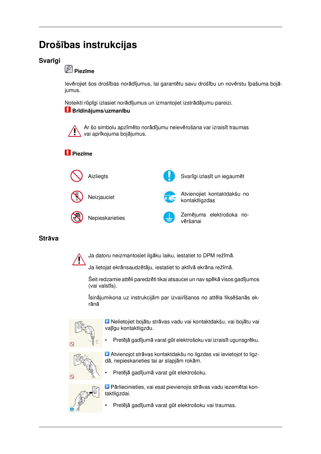 Samsung LH46CBQLBB/EN, LH46CKTLBB/EN manual Svarīgi, Strāva, Piezīme, Brīdinājums/uzmanību 