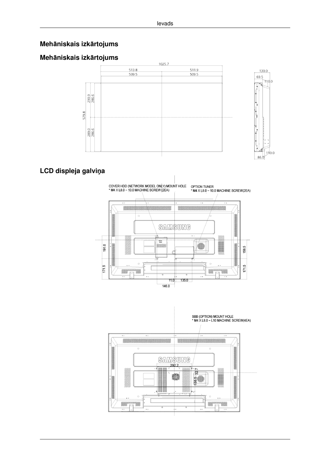 Samsung LH46CKTLBB/EN, LH46CBQLBB/EN manual Mehāniskais izkārtojums LCD displeja galviņa 