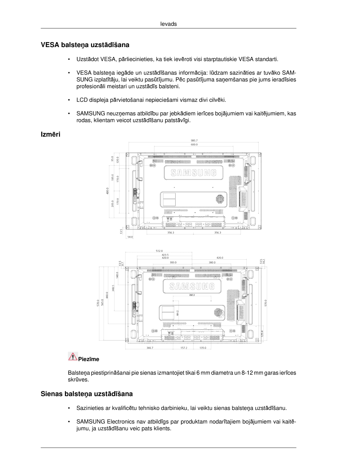 Samsung LH46CBQLBB/EN, LH46CKTLBB/EN manual Vesa balsteņa uzstādīšana, Izmēri, Sienas balsteņa uzstādīšana 