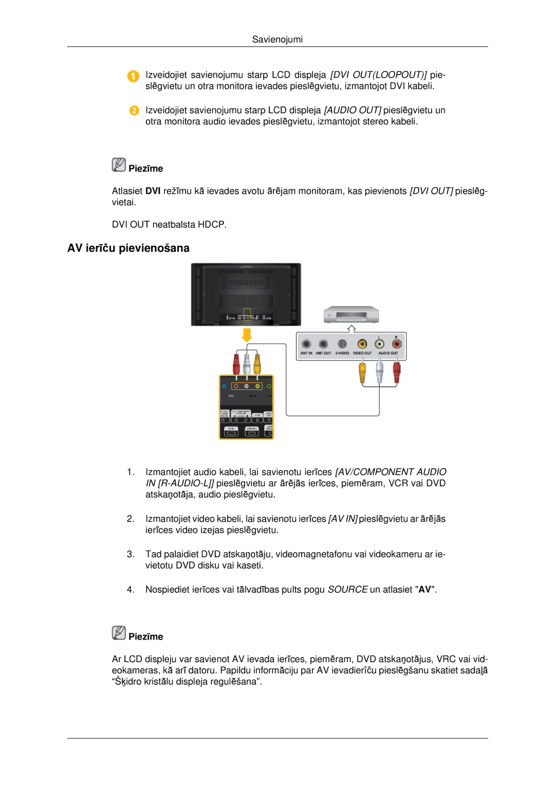 Samsung LH46CKTLBB/EN, LH46CBQLBB/EN manual AV ierīču pievienošana 