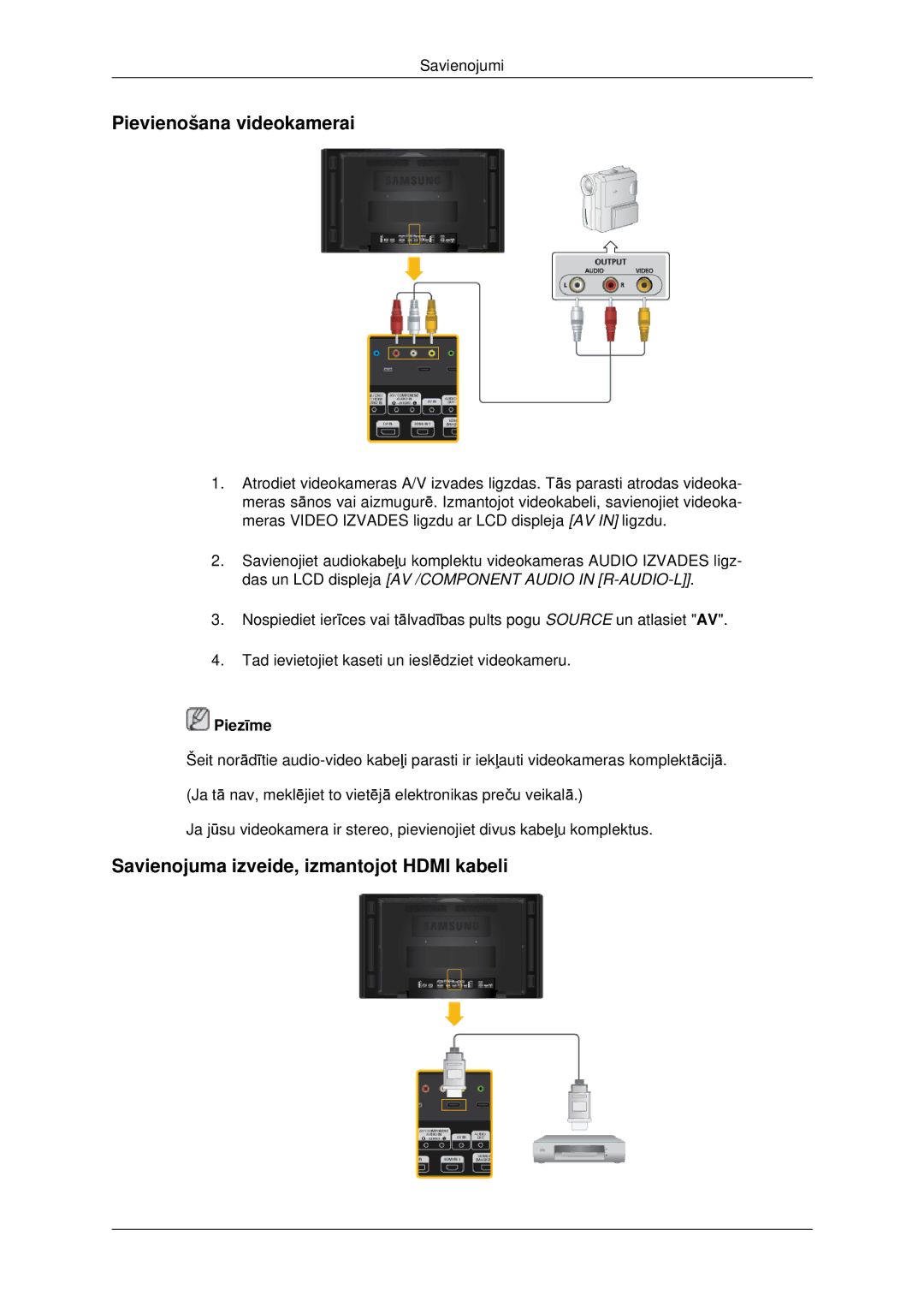 Samsung LH46CBQLBB/EN, LH46CKTLBB/EN manual Pievienošana videokamerai, Savienojuma izveide, izmantojot Hdmi kabeli 