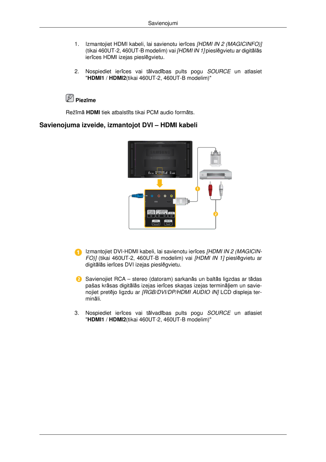 Samsung LH46CKTLBB/EN, LH46CBQLBB/EN manual Savienojuma izveide, izmantojot DVI Hdmi kabeli 