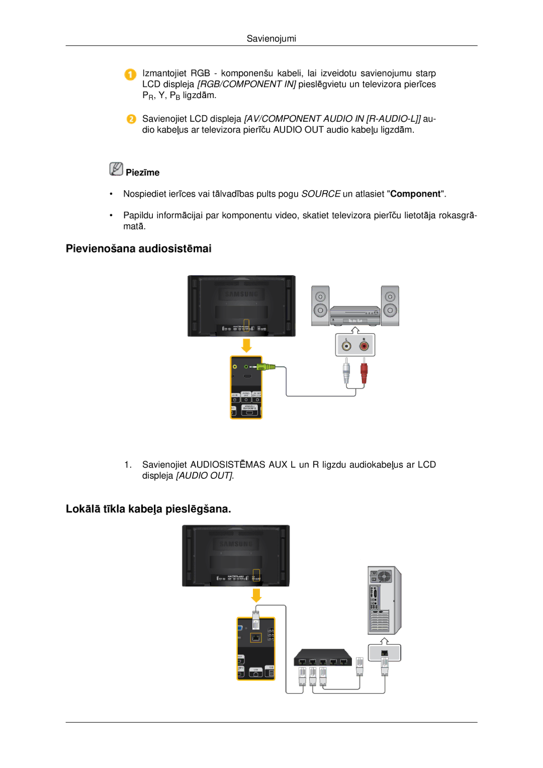 Samsung LH46CKTLBB/EN, LH46CBQLBB/EN manual Pievienošana audiosistēmai, Lokālā tīkla kabeļa pieslēgšana 