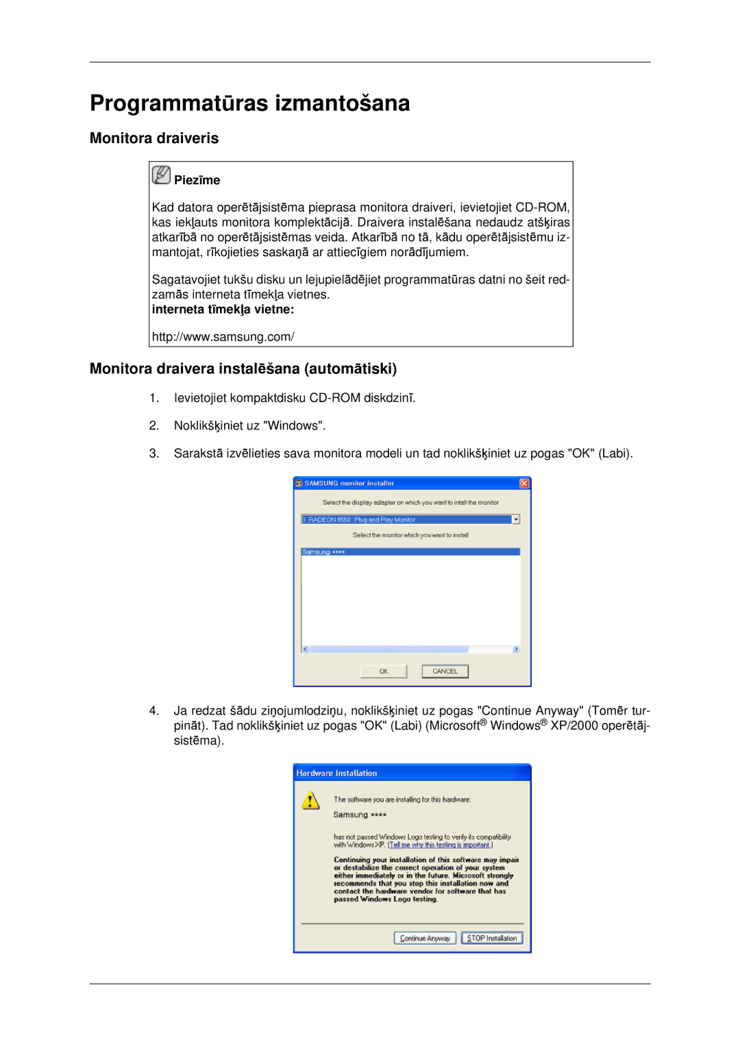 Samsung LH46CKTLBB/EN manual Monitora draiveris, Monitora draivera instalēšana automātiski, Interneta tīmekļa vietne 