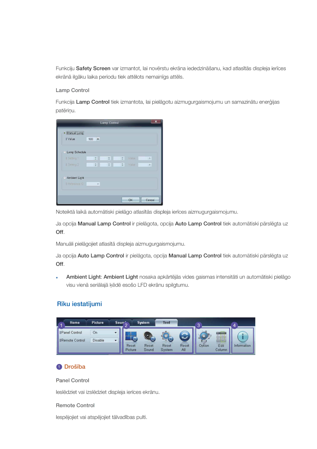 Samsung LH46CKTLBB/EN, LH46CBQLBB/EN manual Rīku iestatījumi, Lamp Control, Panel Control, Remote Control 