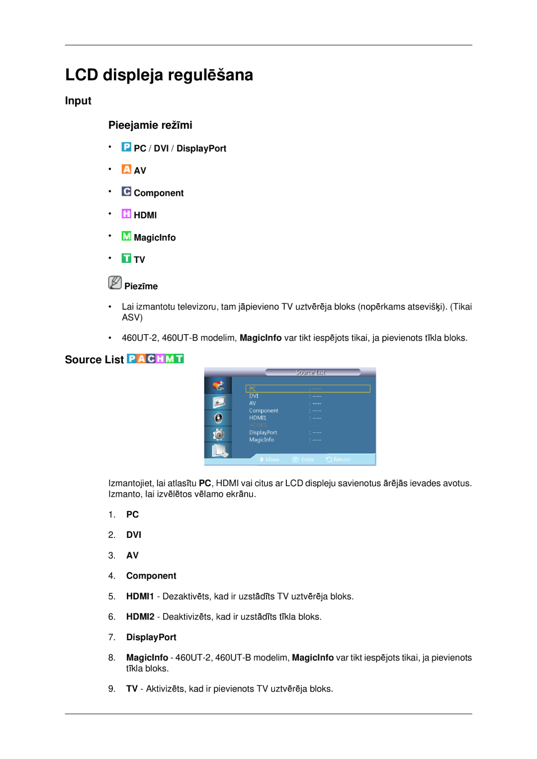 Samsung LH46CKTLBB/EN, LH46CBQLBB/EN manual Input Pieejamie režīmi, Source List 