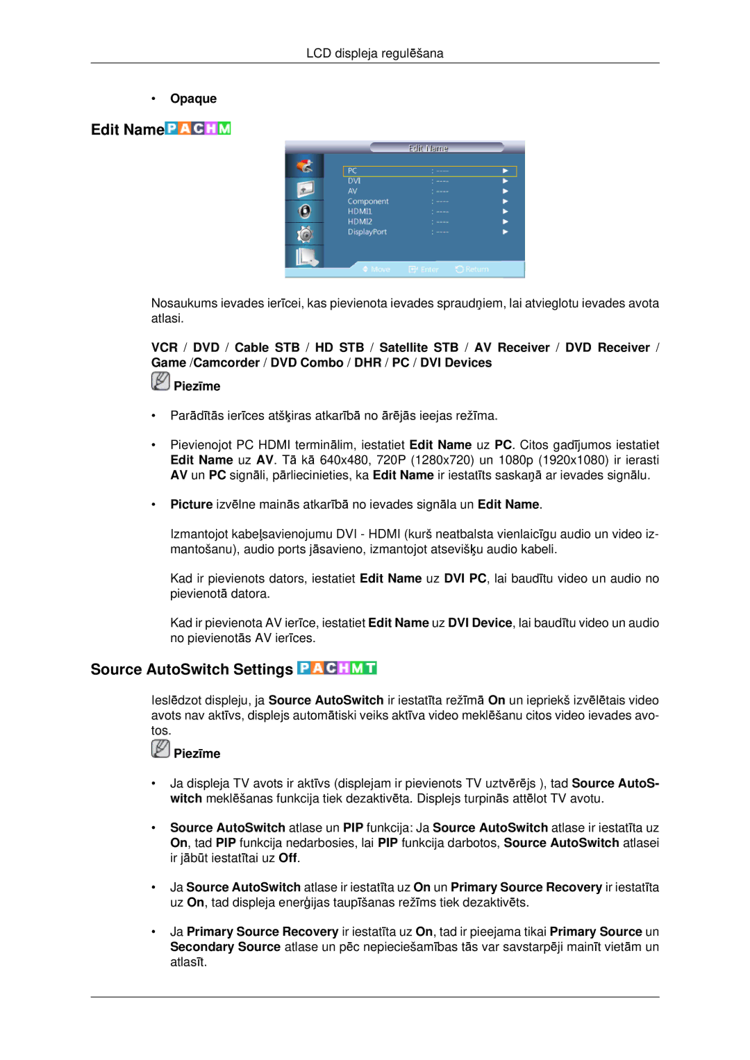 Samsung LH46CBQLBB/EN, LH46CKTLBB/EN manual Edit Name, Source AutoSwitch Settings, Opaque 