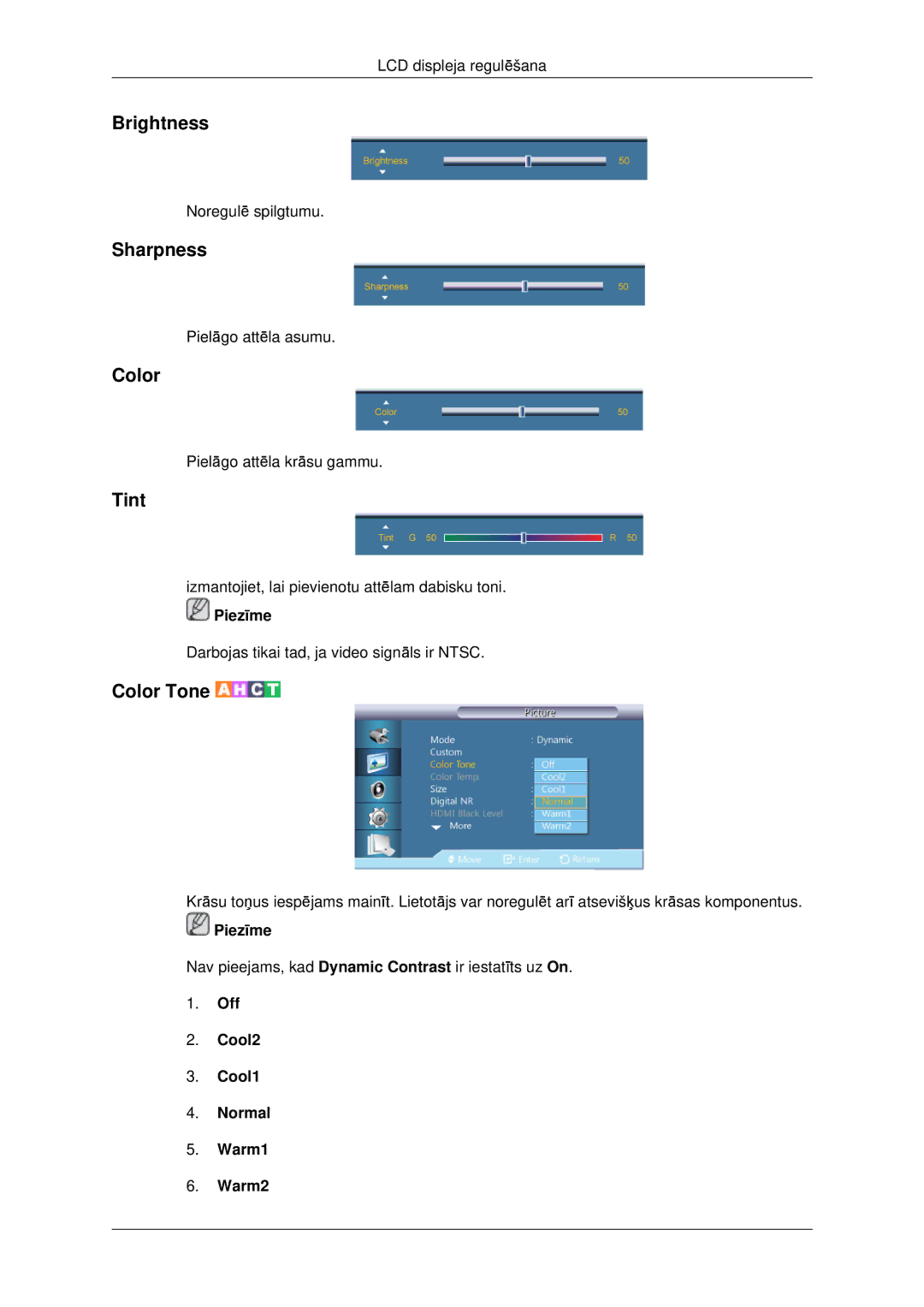 Samsung LH46CBQLBB/EN, LH46CKTLBB/EN manual Brightness, Sharpness, Color, Tint, Off Cool2 Cool1 Normal Warm1 Warm2 