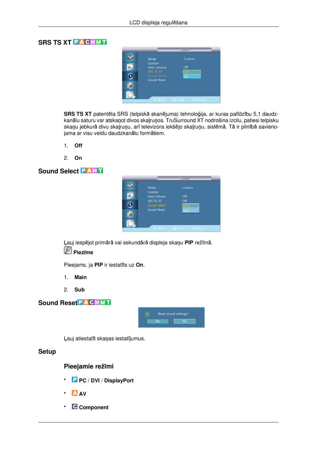 Samsung LH46CBQLBB/EN, LH46CKTLBB/EN manual Sound Select, Sound Reset, Setup Pieejamie režīmi, Main Sub 