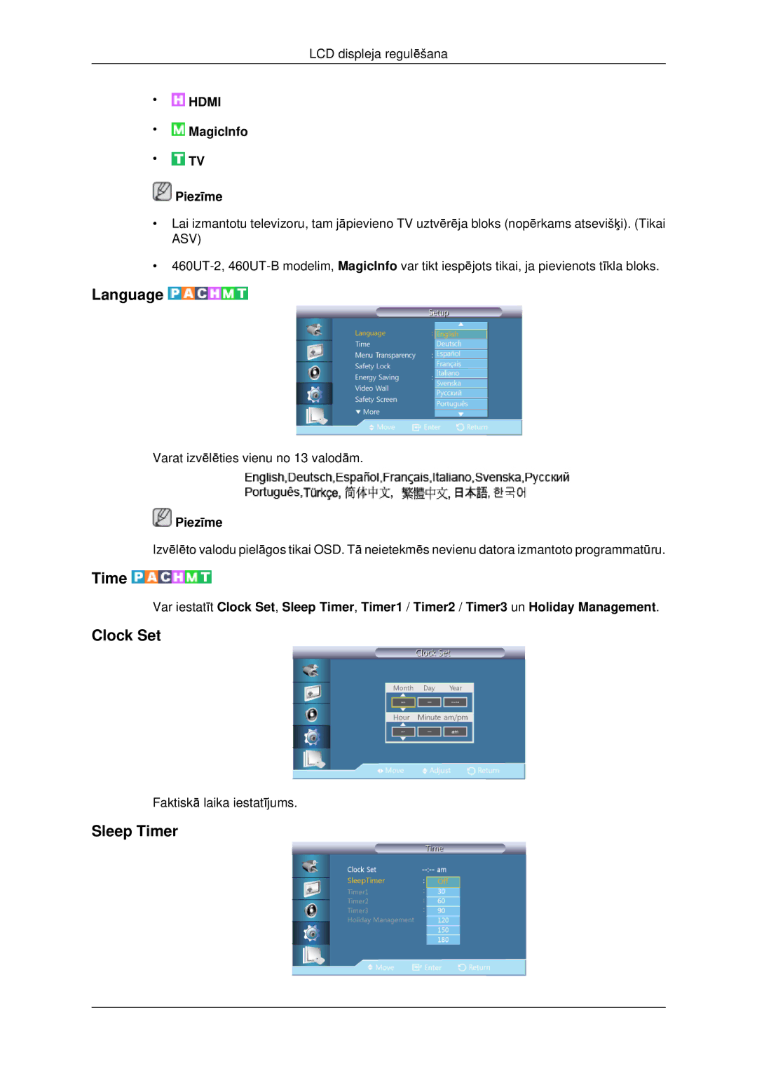 Samsung LH46CKTLBB/EN, LH46CBQLBB/EN manual Language, Clock Set, Sleep Timer 