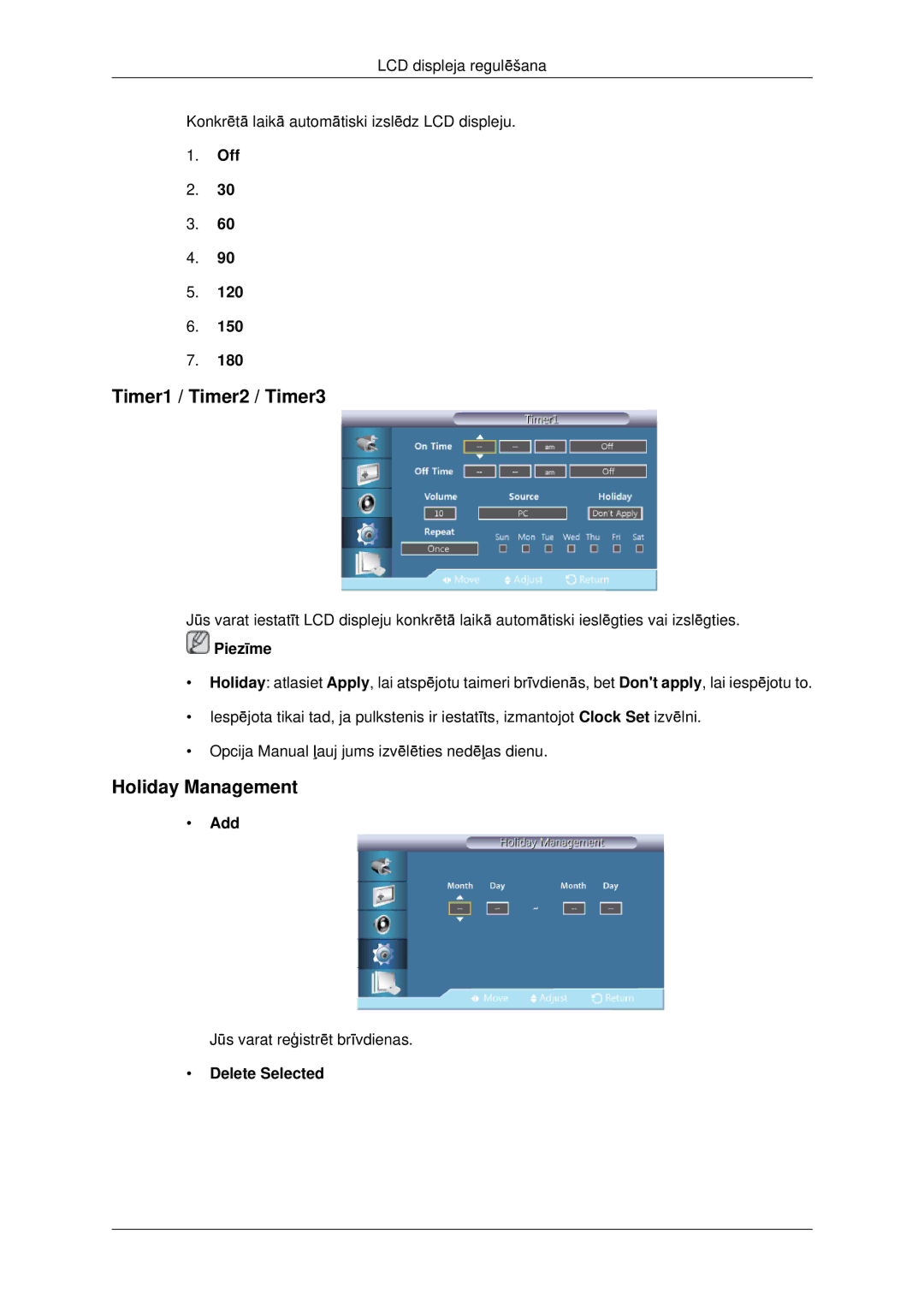 Samsung LH46CBQLBB/EN, LH46CKTLBB/EN manual Timer1 / Timer2 / Timer3, Holiday Management, Add, Delete Selected 