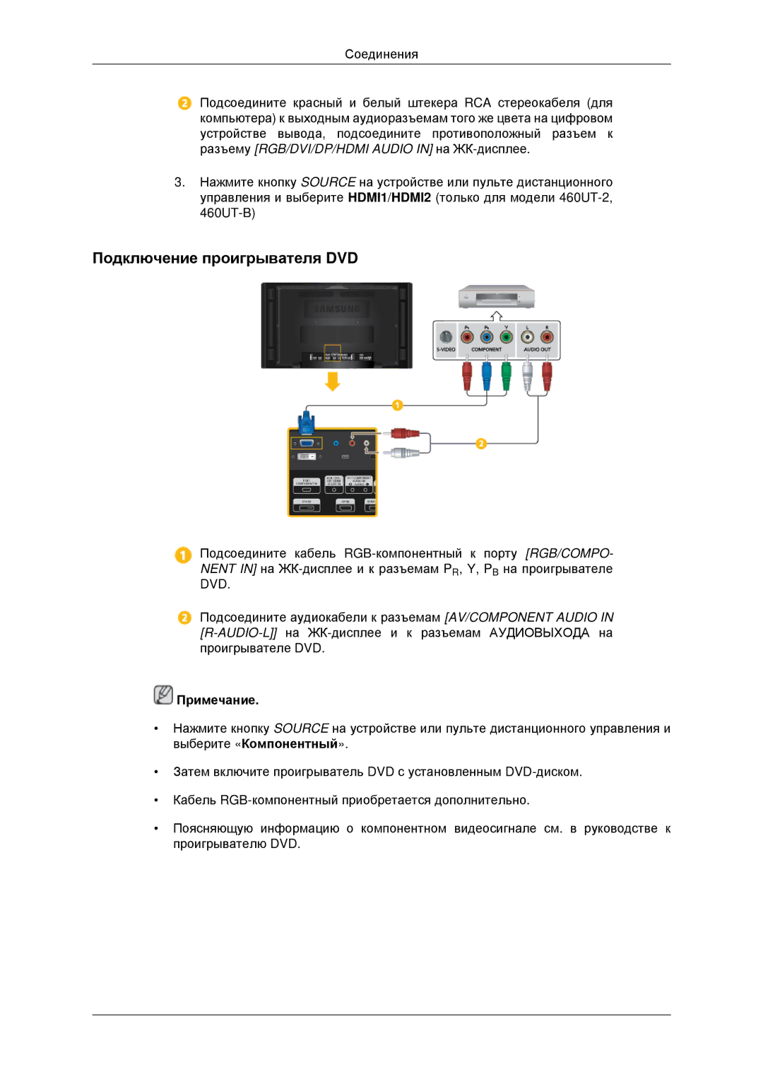 Samsung LH46CBQLBB/EN, LH46CKTLBB/EN manual Подключение проигрывателя DVD 