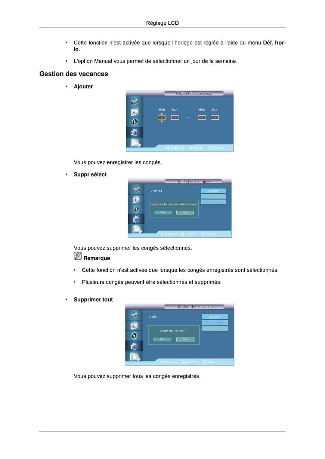 Samsung LH46CBTLBB/EN, LH46CBQLBB/EN, LH46CBULBB/EN manual Gestion des vacances, Ajouter, Suppr sélect, Supprimer tout 