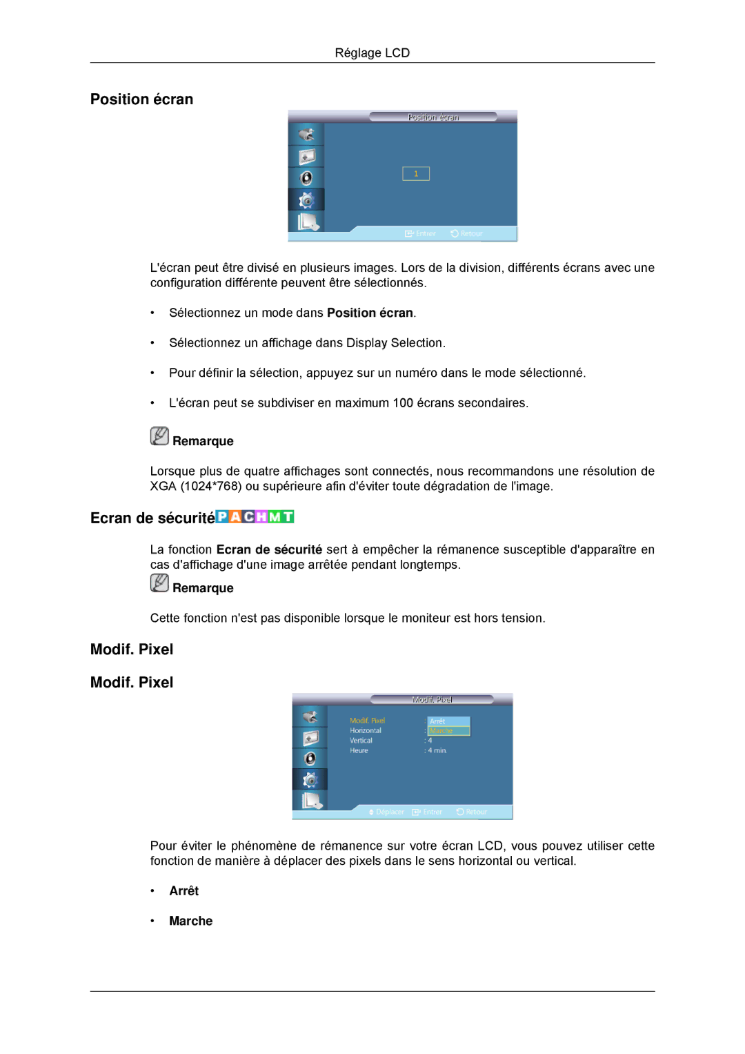 Samsung LH46CBPLBB/EN, LH46CBTLBB/EN, LH46CBQLBB/EN, LH46CBULBB/EN manual Position écran, Ecran de sécurité, Modif. Pixel 