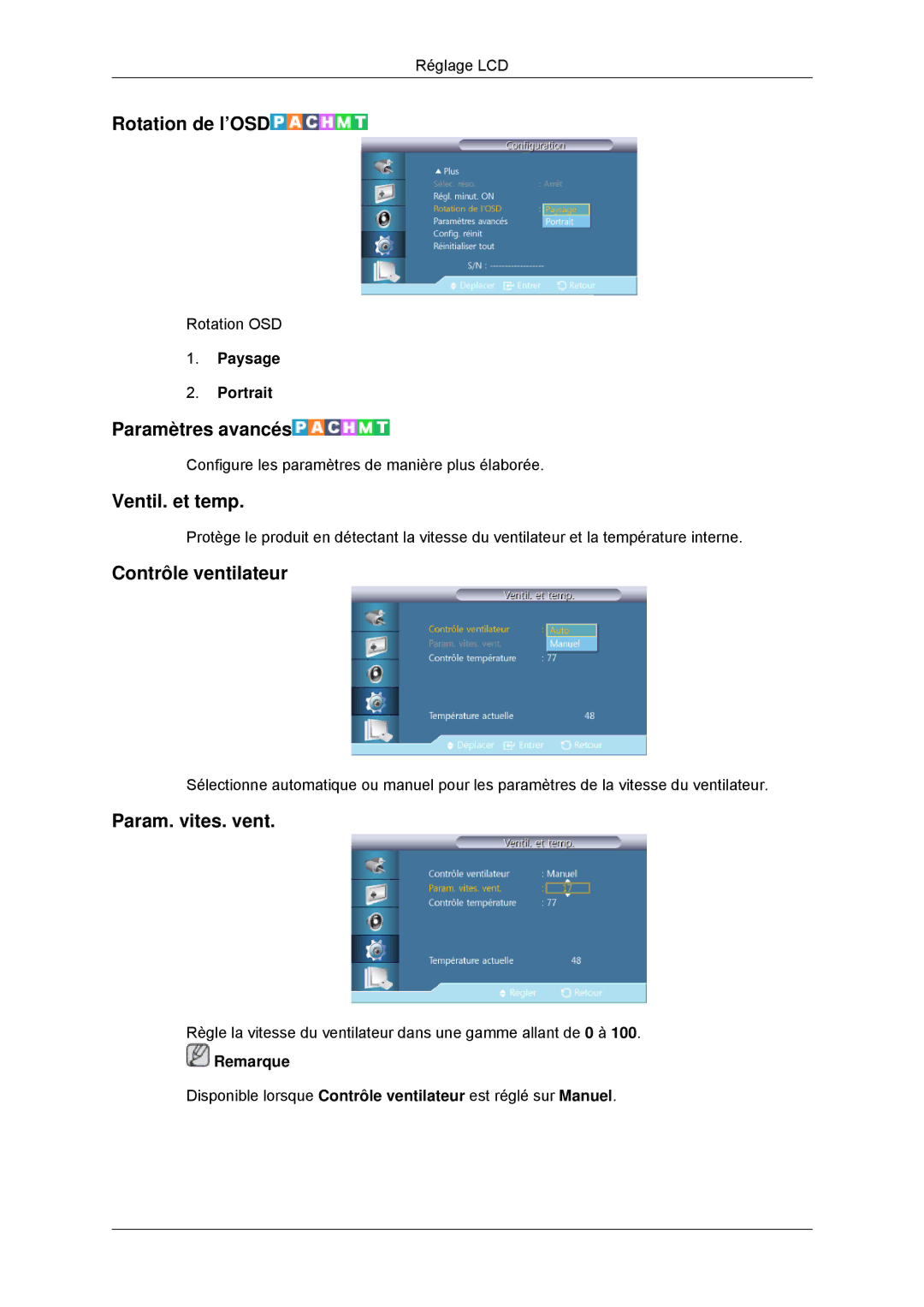 Samsung LH46CKQLBB/EN Rotation de l’OSD, Paramètres avancés, Ventil. et temp, Contrôle ventilateur, Param. vites. vent 