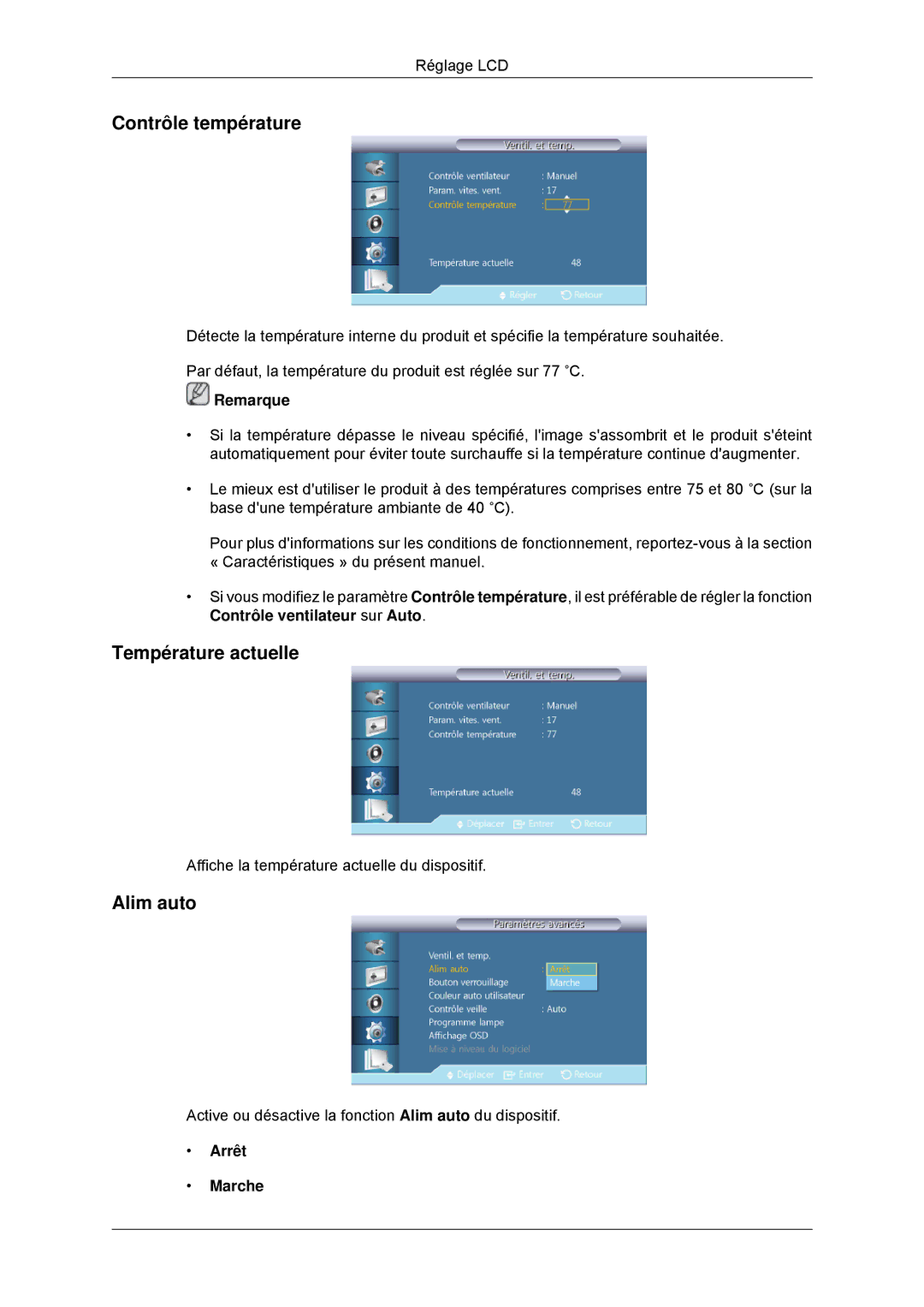 Samsung LH46CBTLBB/EN, LH46CBQLBB/EN, LH46CBULBB/EN, LH46CKPLBB/EN Contrôle température, Température actuelle, Alim auto 