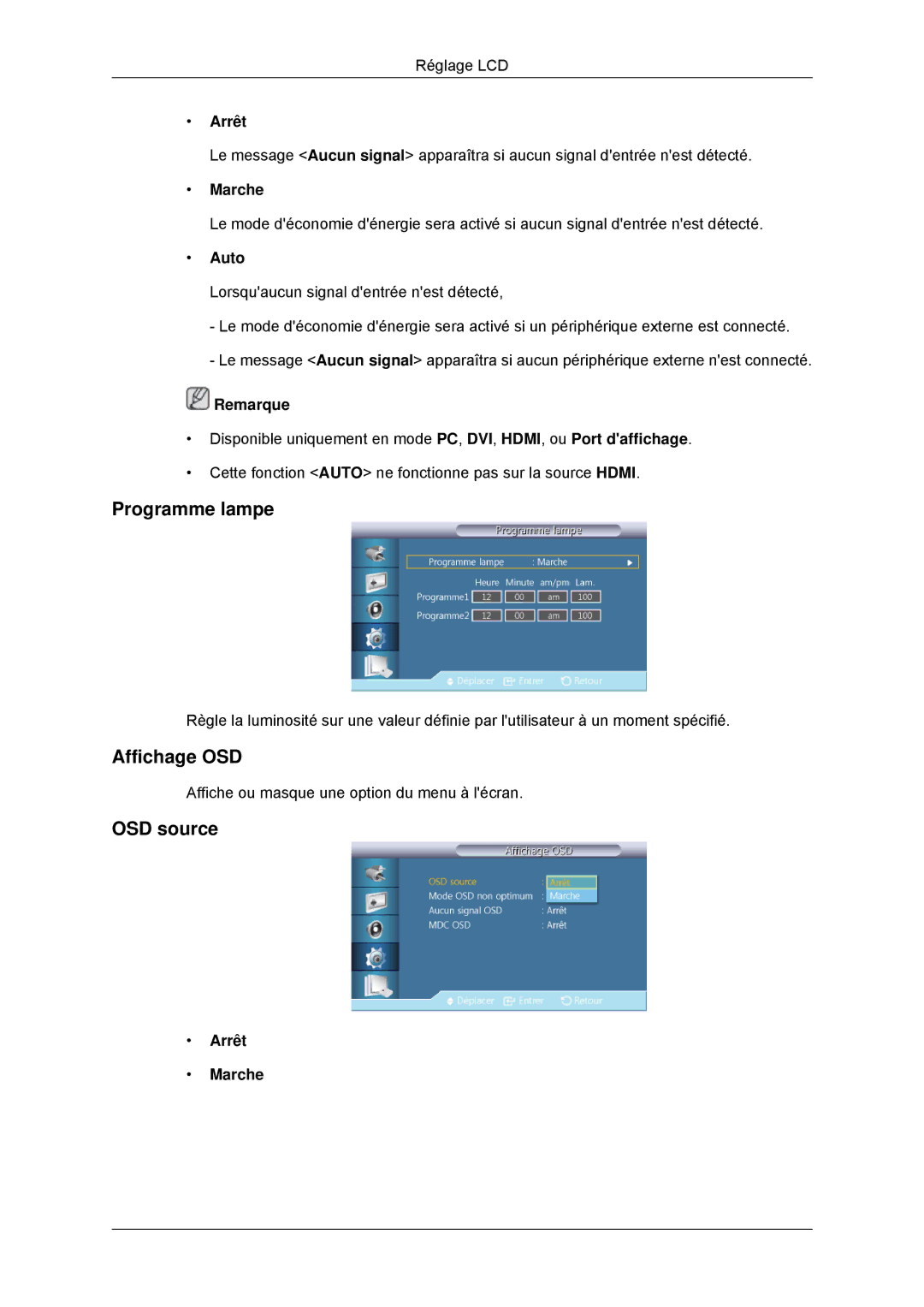 Samsung LH46CBULBB/EN, LH46CBTLBB/EN, LH46CBQLBB/EN, LH46CKPLBB/EN manual Programme lampe, Affichage OSD, OSD source, Auto 