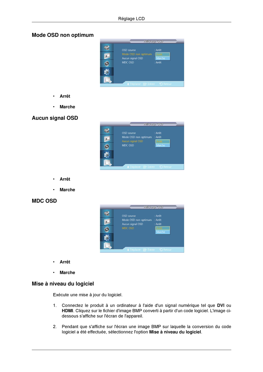 Samsung LH46CKPLBB/EN, LH46CBTLBB/EN, LH46CBQLBB/EN manual Mode OSD non optimum, Aucun signal OSD, Mise à niveau du logiciel 