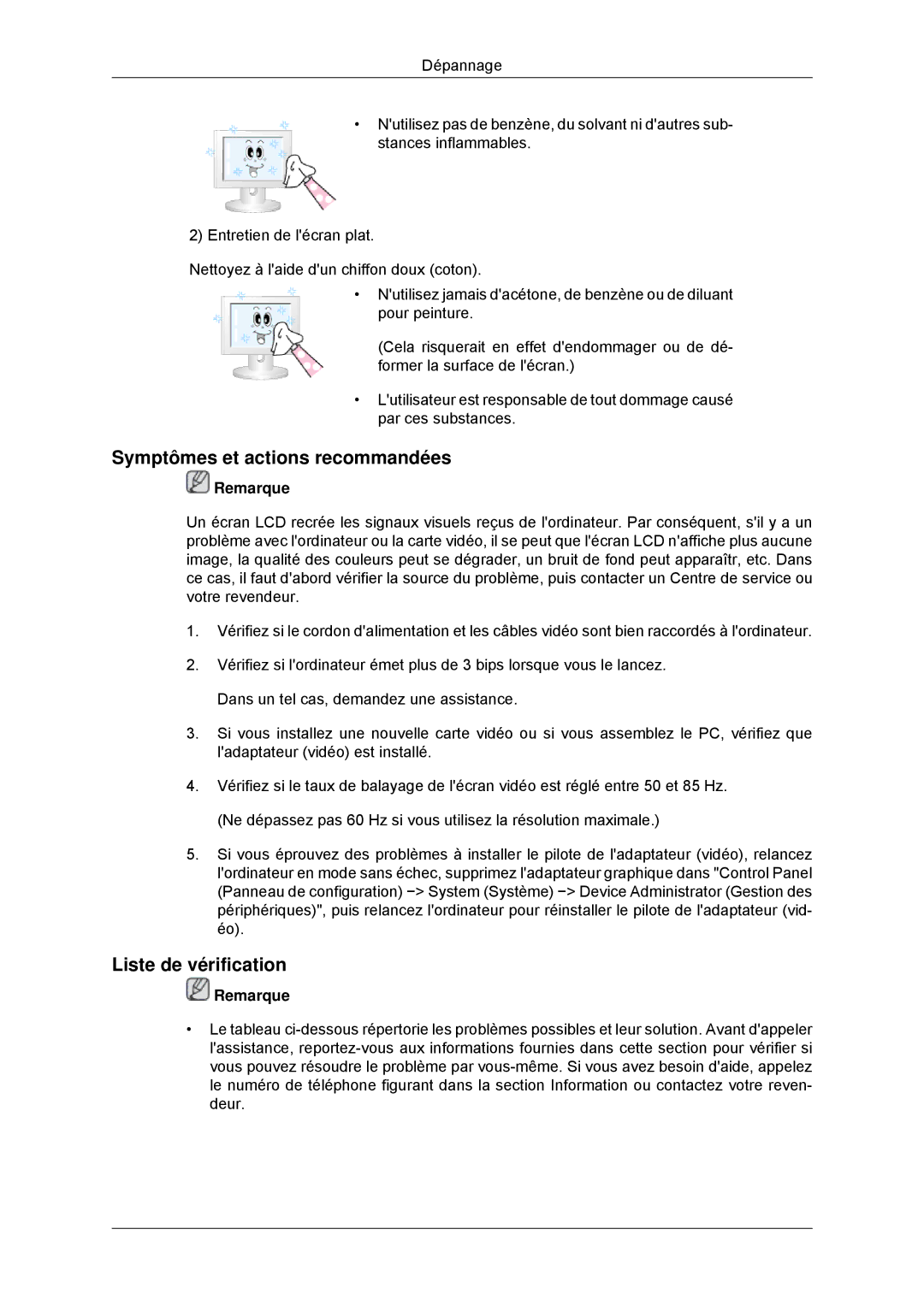 Samsung LH46CBQLBB/EN, LH46CBTLBB/EN, LH46CBULBB/EN, LH46CKPLBB/EN Symptômes et actions recommandées, Liste de vérification 