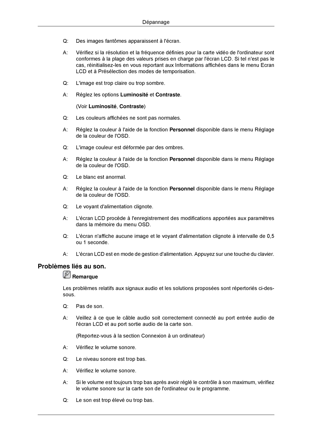 Samsung LH46CKPLBB/EN, LH46CBTLBB/EN, LH46CBQLBB/EN, LH46CBULBB/EN manual Problèmes liés au son, Voir Luminosité, Contraste 