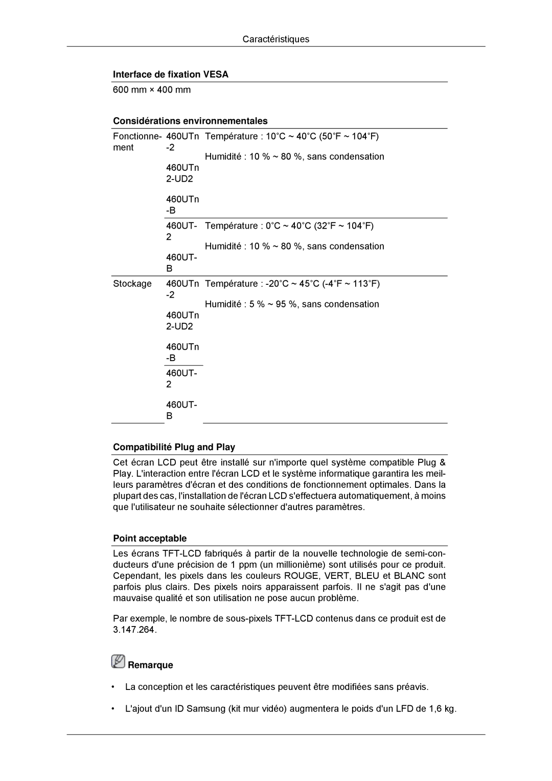 Samsung LH46CKSLBB/EN manual Interface de fixation Vesa, Considérations environnementales, Compatibilité Plug and Play 