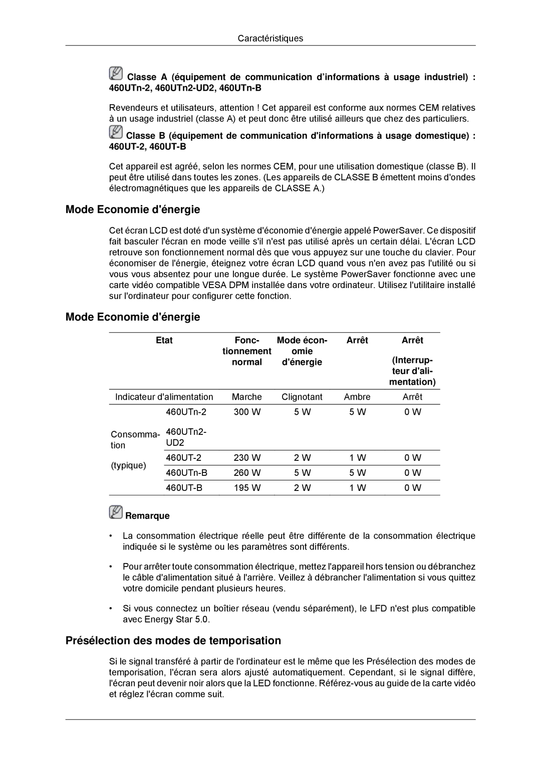 Samsung LH46CBSLBB/EN, LH46CBTLBB/EN, LH46CBQLBB/EN manual Mode Economie dénergie, Présélection des modes de temporisation 