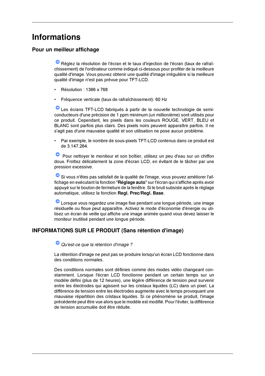 Samsung LH46CBTLBB/EN, LH46CBQLBB/EN manual Pour un meilleur affichage, Informations SUR LE Produit Sans rétention dimage 