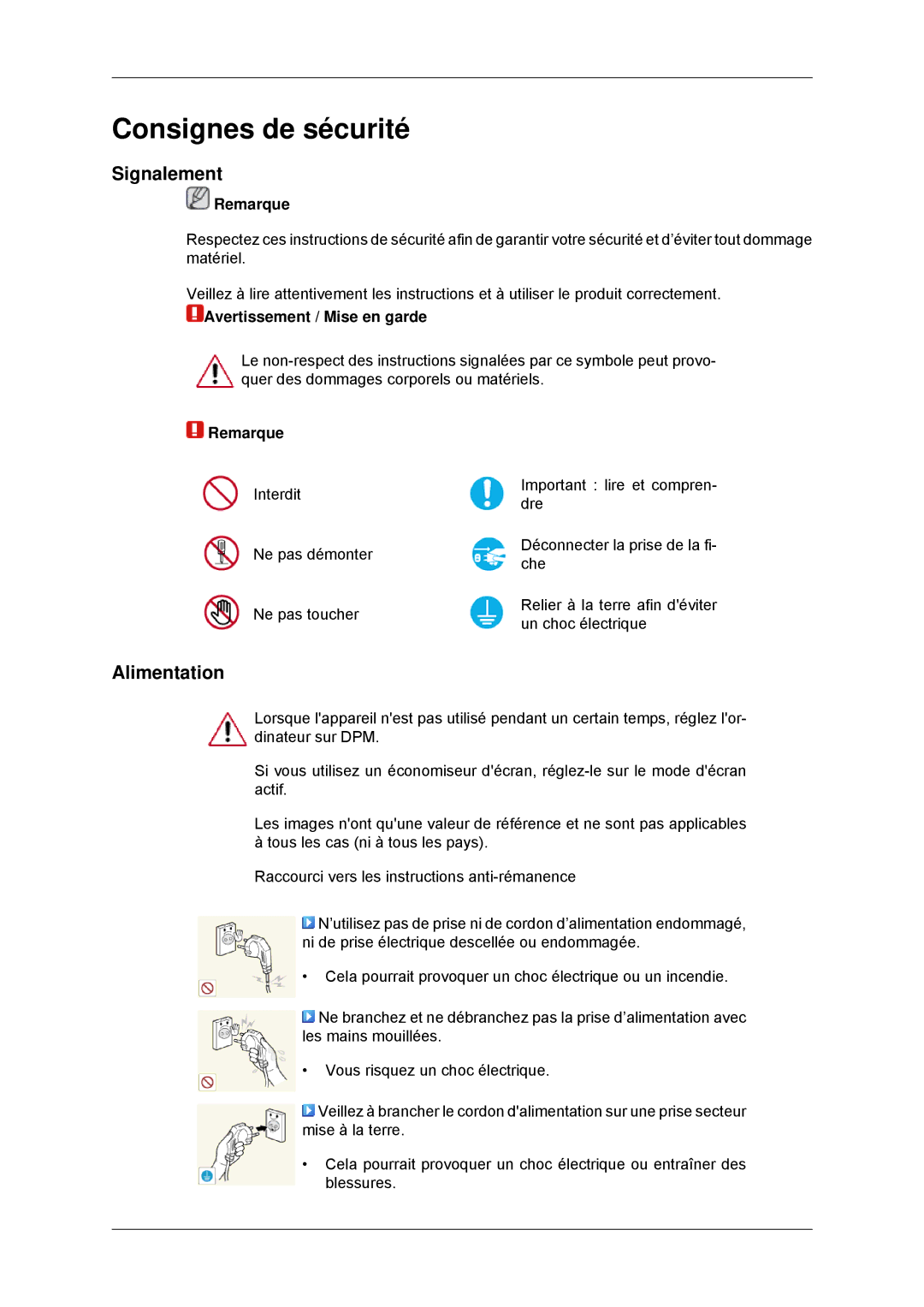 Samsung LH46CBULBB/EN, LH46CBTLBB/EN, LH46CBQLBB/EN manual Signalement, Alimentation, Remarque, Avertissement / Mise en garde 