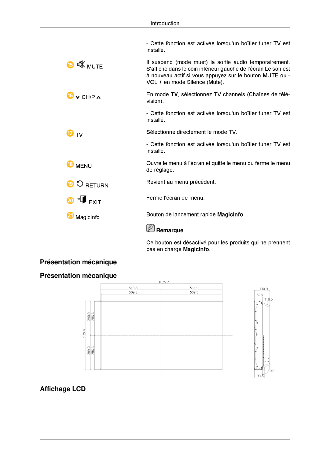 Samsung LH46CBQLBB/EN, LH46CBTLBB/EN, LH46CBULBB/EN, LH46CKPLBB/EN manual Présentation mécanique Affichage LCD, Remarque 