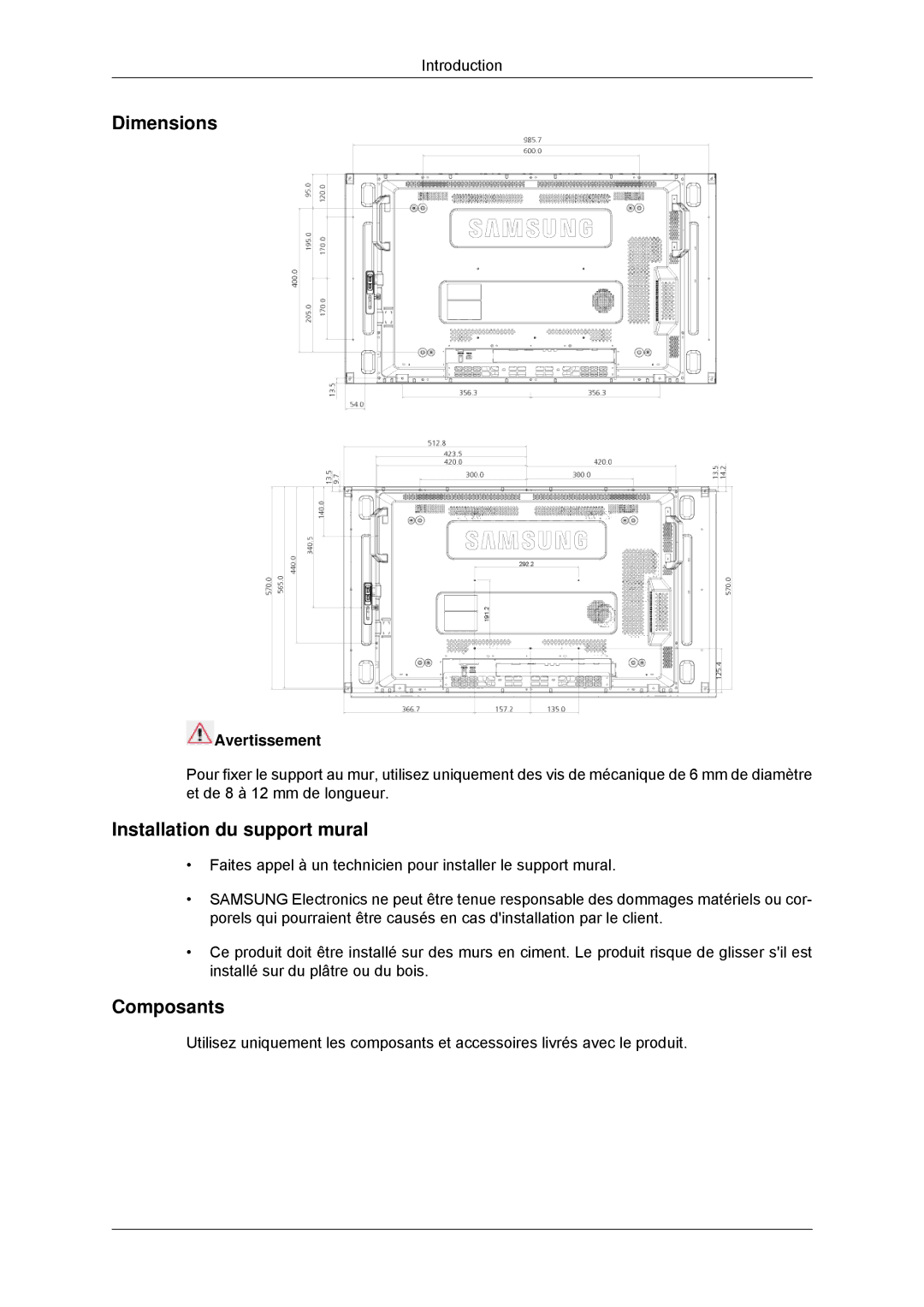 Samsung LH46CKPLBB/EN, LH46CBTLBB/EN, LH46CBQLBB/EN Dimensions, Installation du support mural, Composants, Avertissement 