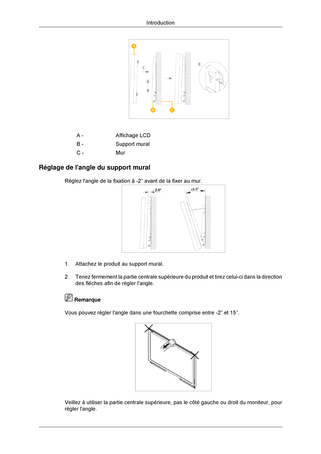 Samsung LH46CKSLBB/EN, LH46CBTLBB/EN, LH46CBQLBB/EN, LH46CBULBB/EN manual Réglage de langle du support mural, Remarque 