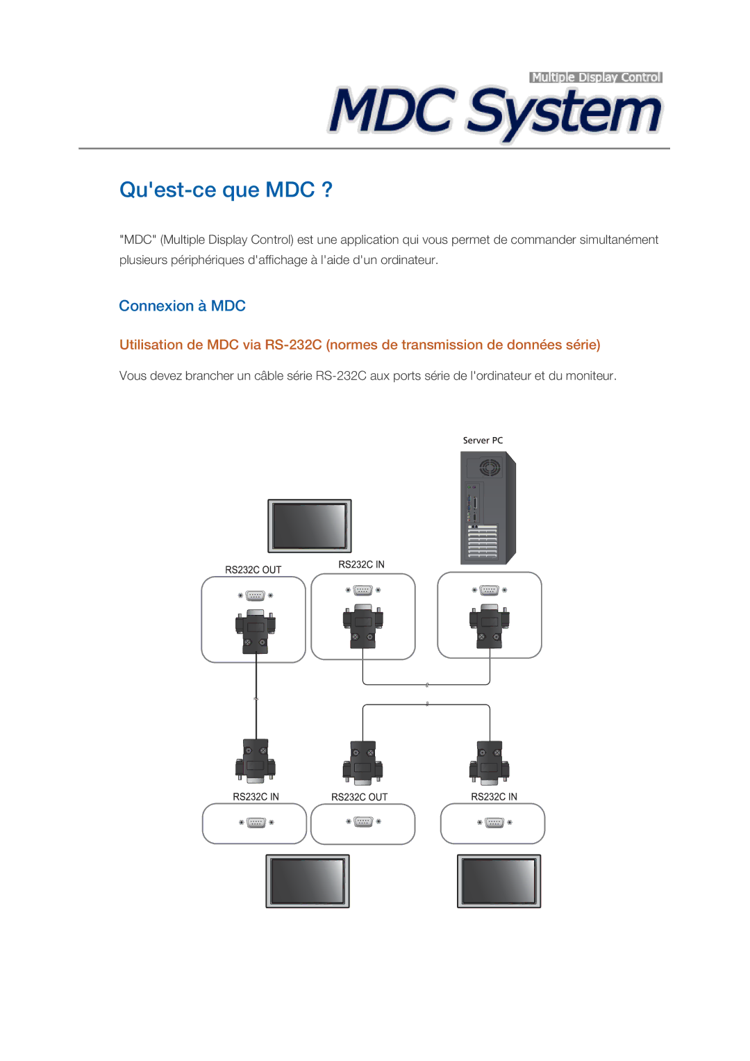 Samsung LH46CKTLBB/EN, LH46CBTLBB/EN, LH46CBQLBB/EN, LH46CBULBB/EN, LH46CKPLBB/EN manual Quest-ce que MDC ?, Connexion à MDC 