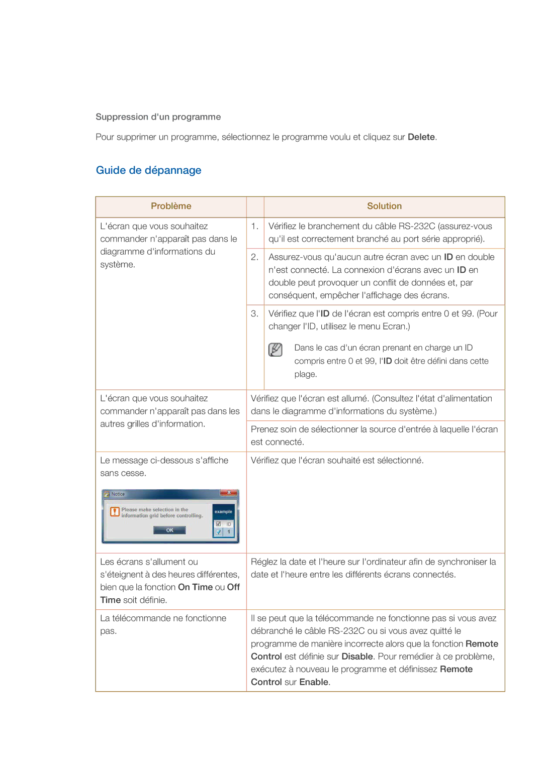 Samsung LH46CKTLBB/EN, LH46CBTLBB/EN, LH46CBQLBB/EN, LH46CBULBB/EN manual Guide de dépannage, Suppression dun programme 