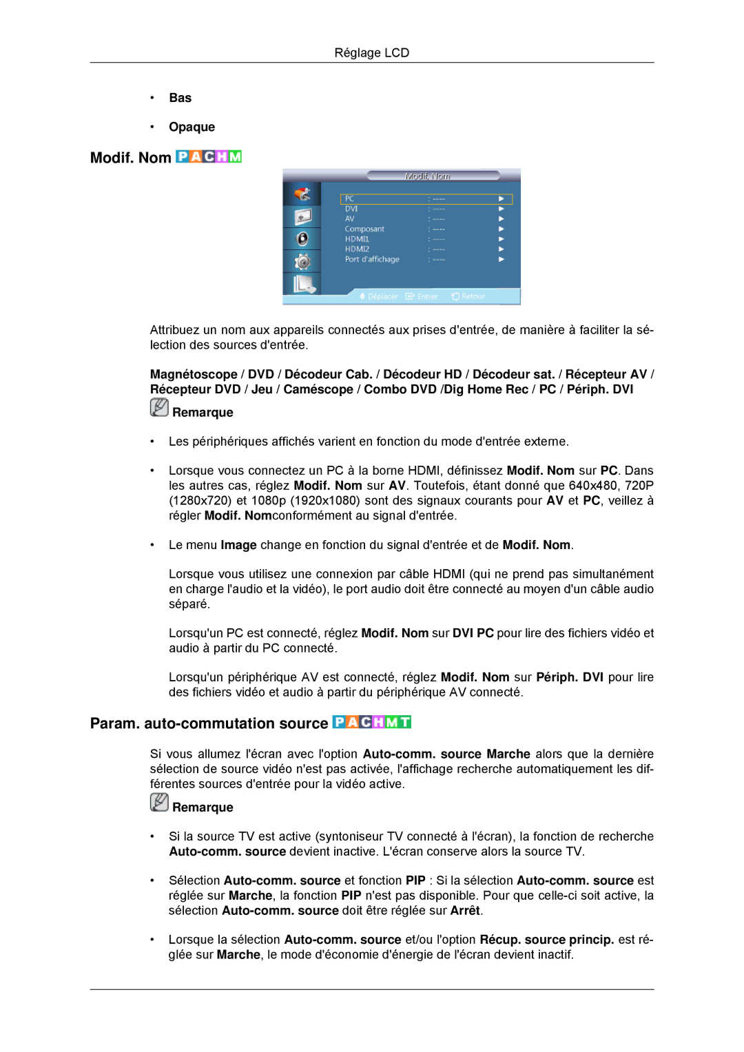 Samsung LH46CBQLBB/EN, LH46CBTLBB/EN, LH46CBULBB/EN, LH46CKPLBB/EN Modif. Nom, Param. auto-commutation source, Bas Opaque 