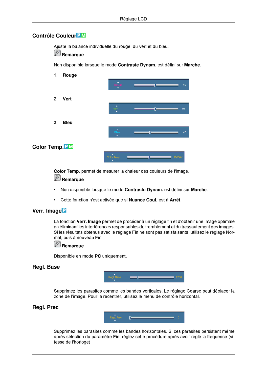 Samsung LH46CKTLBB/EN, LH46CBTLBB/EN, LH46CBQLBB/EN manual Contrôle Couleur, Color Temp, Verr. Image, Regl. Base, Regl. Prec 